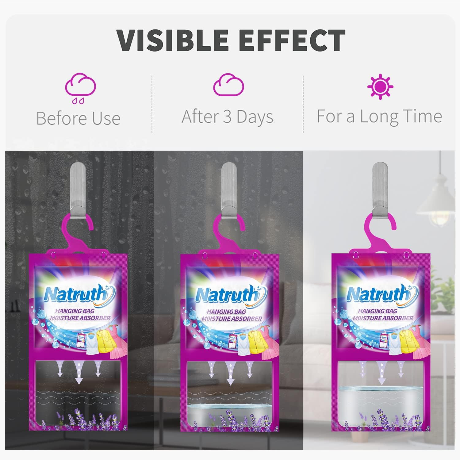 NATRUTH High Capacity Hanging Moisture Absorber Bag,12 Packs Lavender Dehumidifier Bags for Closet,Home,Bathroom,278G per Bag, Lasting Damp Absorption image number 2