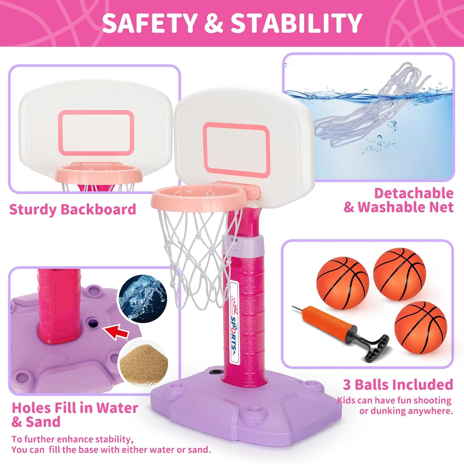 Toddler Basketball Hoop Indoor for Age 1-3, Adjustable Kids Basketball Hoop, Pink Mini Basketball Hoop with 3 Balls for Outdoor Poolside, Birthday Christmas Sport Toys for Baby Boys Girls 2 3 4 5 image number 6