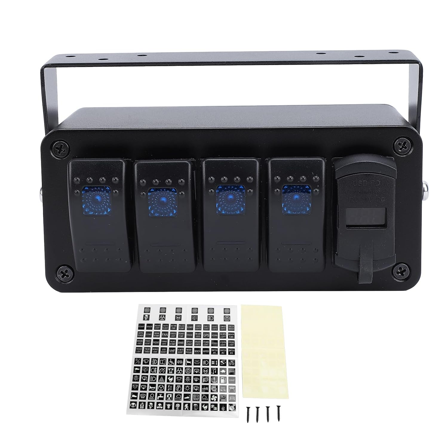 4 Gang Rocker Switch Panel, Waterproof Marine Boat Toggle Rocker Switch Box, PD Type C & QC 3.0 USB, Aluminum Alloy Switch Panel Box for Automotive, Truck, RV, UTV (Blue Light) image number 5