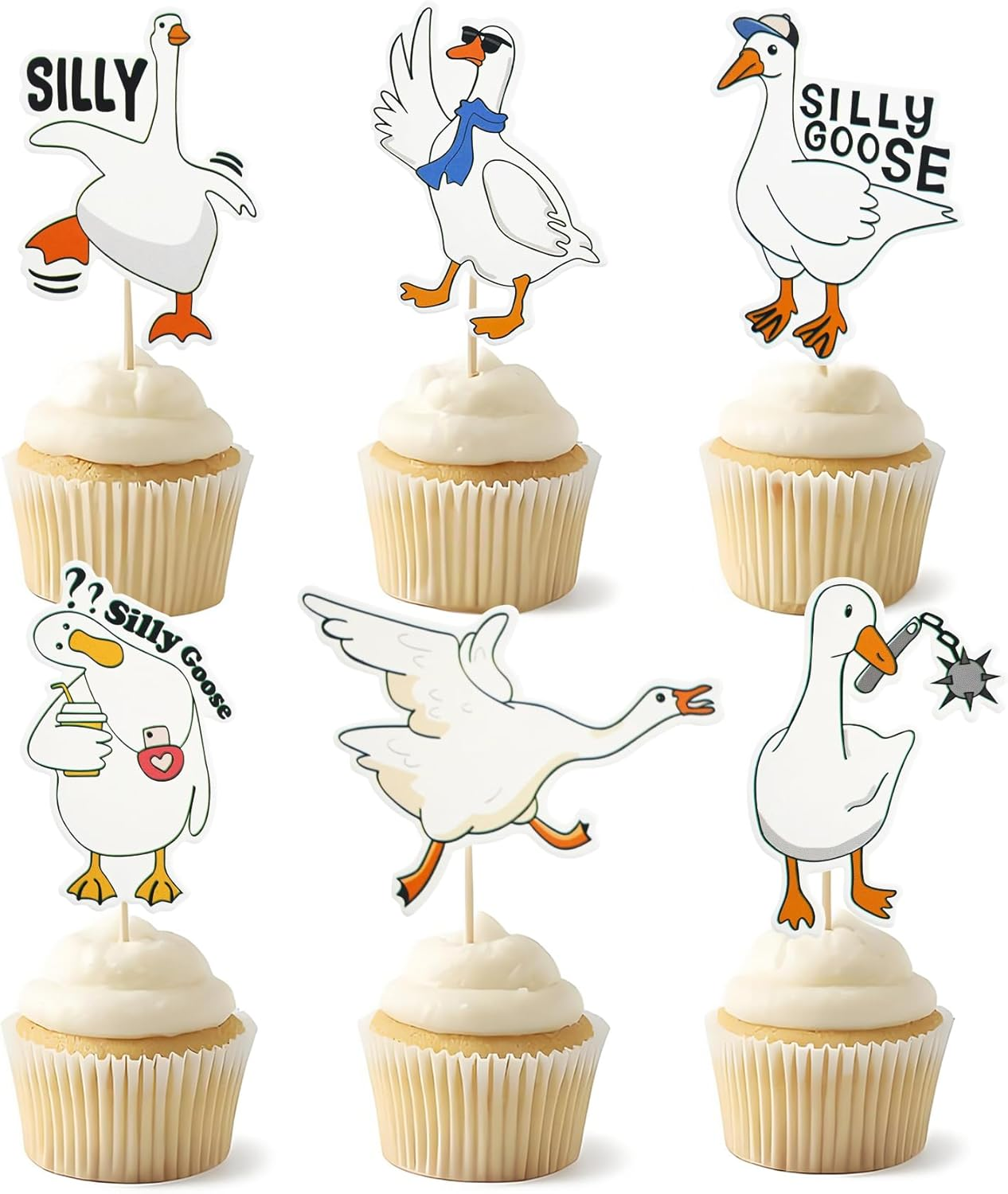 48 PCS Silly Goose Cupcake Toppers, Funny Goose Cupcake Picks Animal Theme Cake Decorations for Baby Shower Birthday Weeding Holiday Party Supplies (Dancing Goose)
