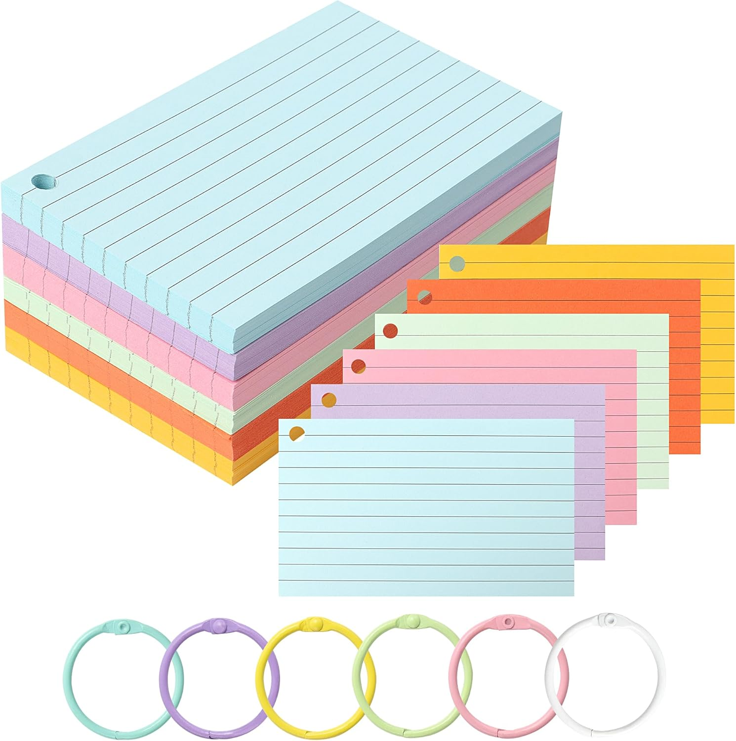 JUNART 300 Pcs Index Cards(6 Colours &times; 50 Pages) with 6 Binder Rings, Perforated Colourful Flash Cards for Study Notes, Office, Home, Etc image number 3