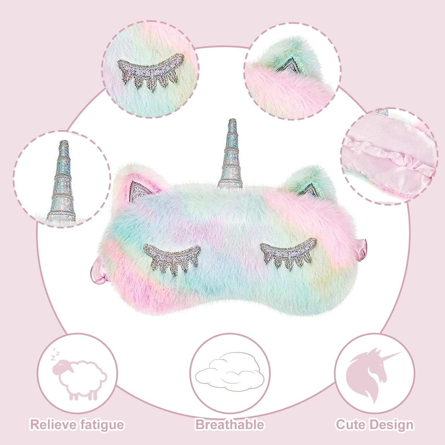 Travel Essentials，3 Pack Kids Sleep Mask Set - Soft Plush Animal Eye Covers for Girls (Bunny, Cat, Unicorn) | Comfortable Blindfold for Naptime & Travel（Rainbow Colors）