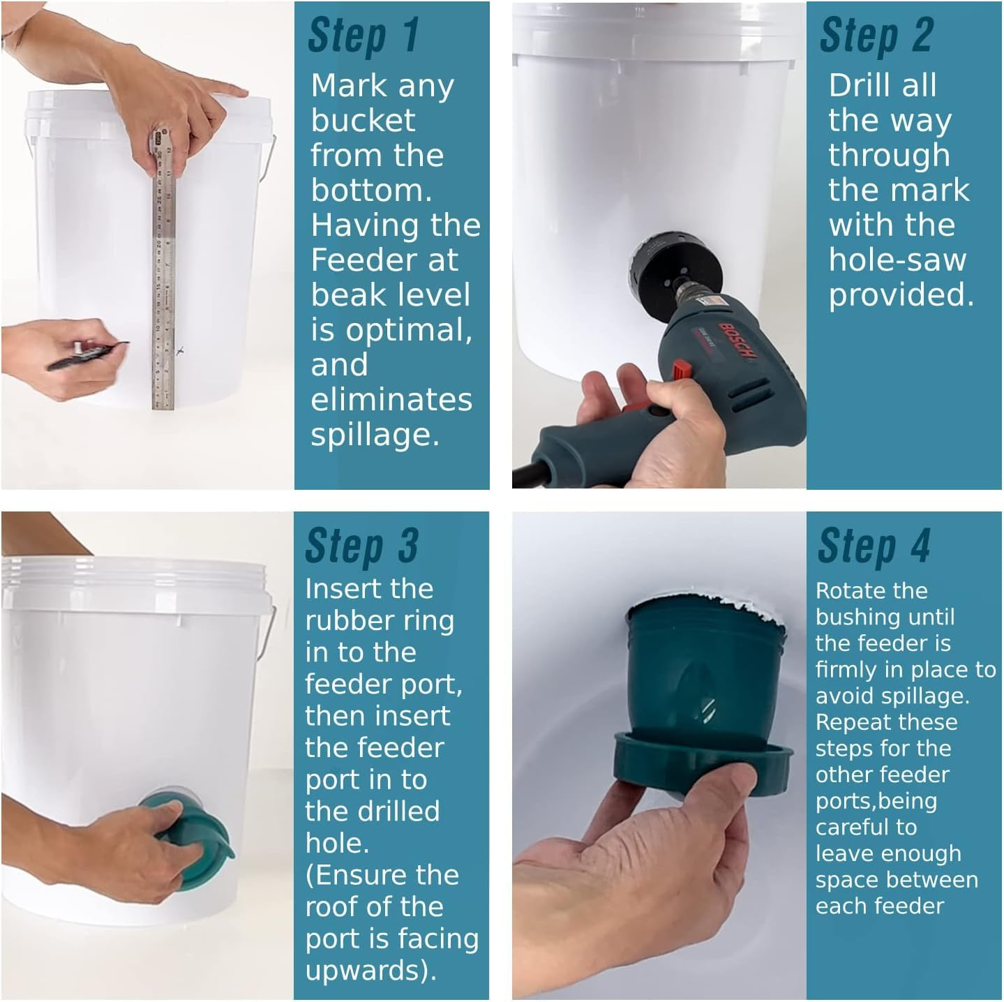 Chicken Feeders No Waste 4 Ports + Holesaw, Automatic Chicken Feeder, Rain Proof Poultry Feeder for Chickens, Duck, Geese, Birds, Quail - 4 Feeders + Hole Saw image number 2