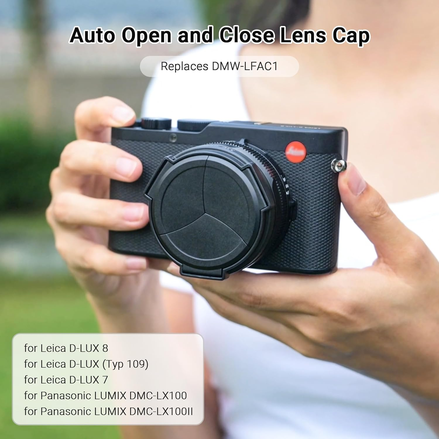 JJC Auto Open and Close Lens Cap for Leica D-LUX 8 D-LUX (Typ 109) D-LUX 7 Panasonic Lumix LX100 II (DC-LX100M2) DMC-LX100 Replaces DMW-LFAC1 + Emall Micro Fiber Cleaning Cloth image number 3