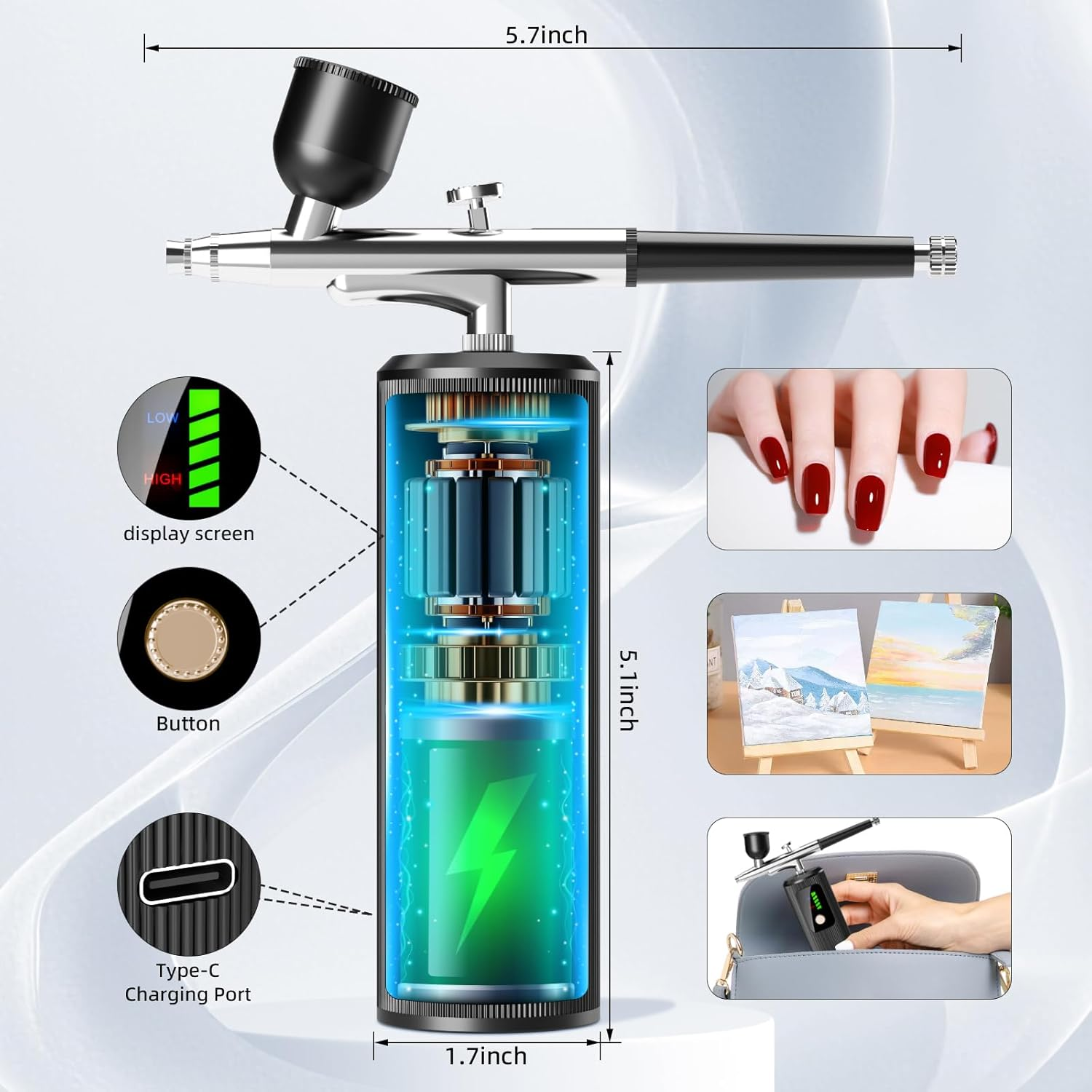 Airbrush Kit with Compressor - 48PSI High-Pressure, Non-Clogging Air Brush Set Cordless Rechargeable with 0.3Mm Nozzle and Cleaning Brush for Nail Art, Makeup - Pink image number 5