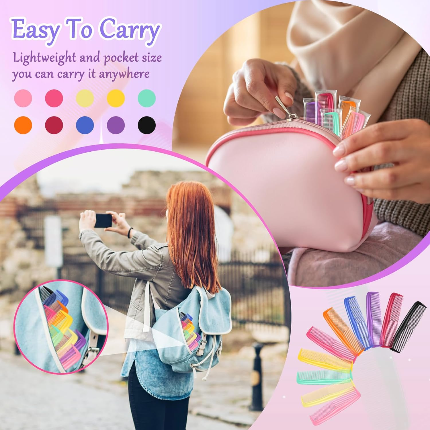 HOFASON 100 Pack Combs Bulk, Individually Wrapped Hair Combs for Women, Men & Kids, Disposable Travel Comb & Mini Comb for Gym, Hotel, Airbnb, Shelter, Nursing Home, Charity, 10 Colors image number 1