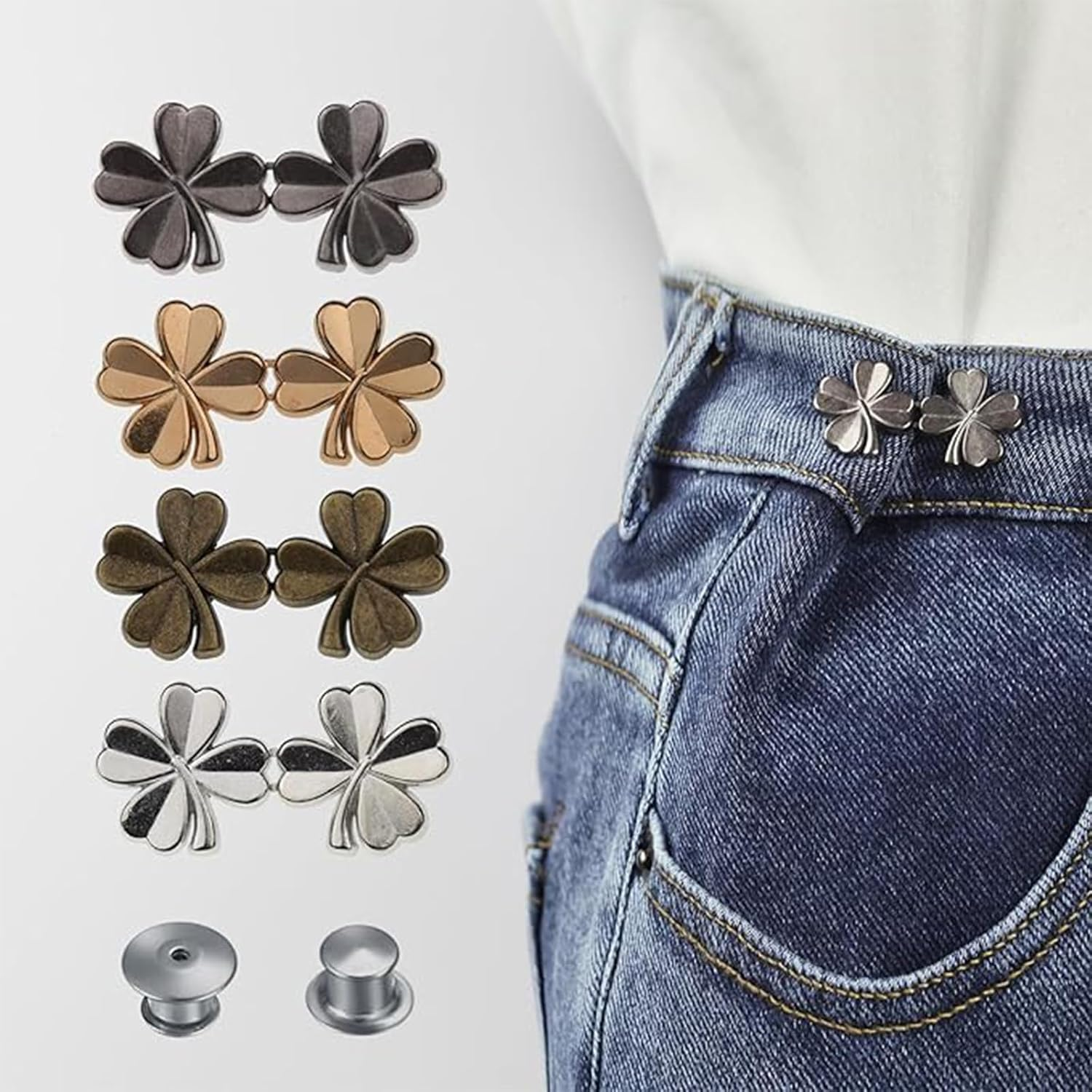 Adjustable Jeans Button 4-Pack | No-Sew Pant Waist Tightener for Loose Pants/Shorts/Denim | Zinc Alloy Detachable Clips for Weight Loss, Pregnancy & Curvy Fit (Multi-Color) image number 5