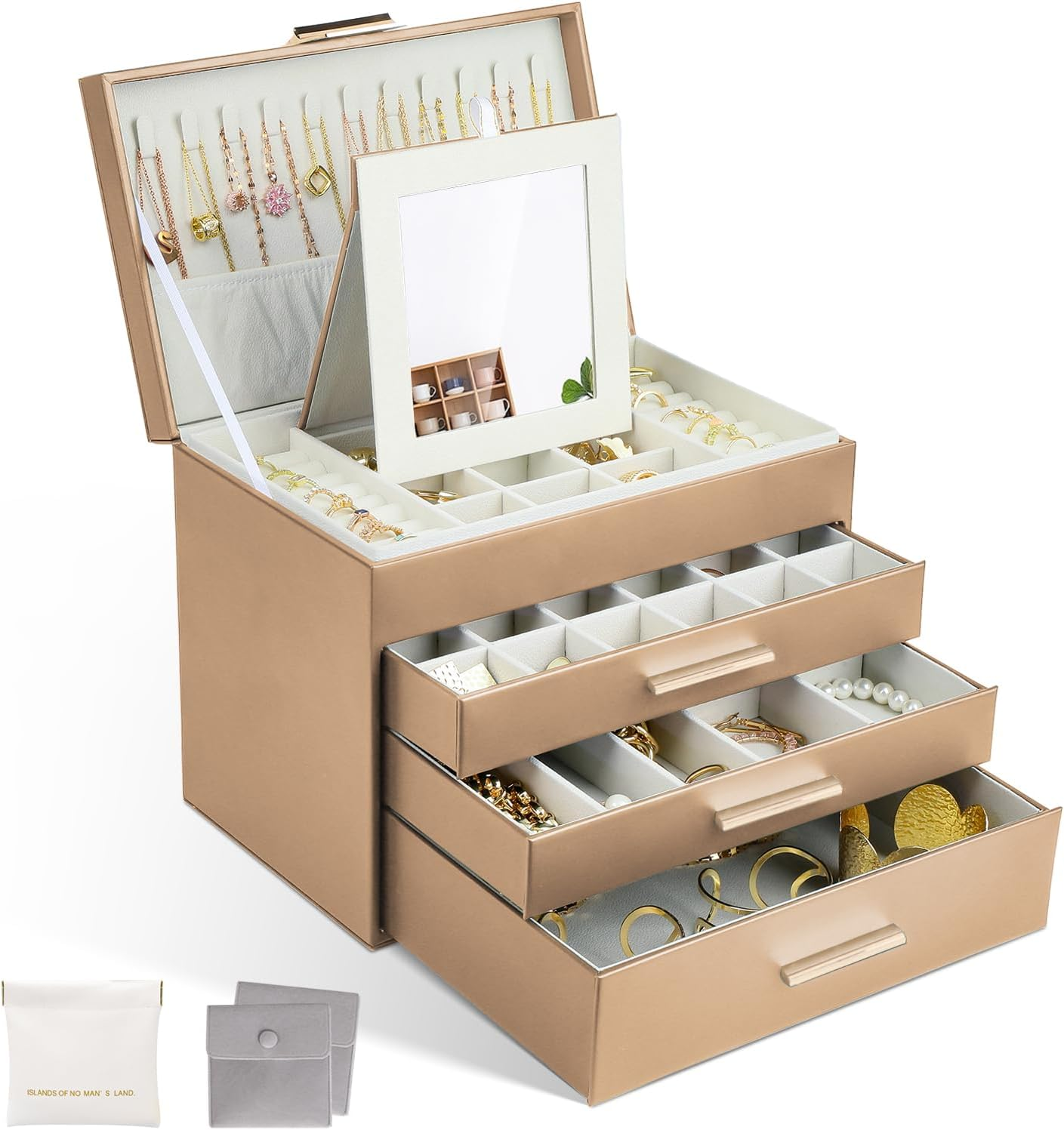 LIAN Large Jewelry Box Organizer 4 Layer Jewelry Holder Organizer with Mirror Leather Jewelry Case for Necklace Earrings Bracelet Storage for Women Girls(4 Layer White)