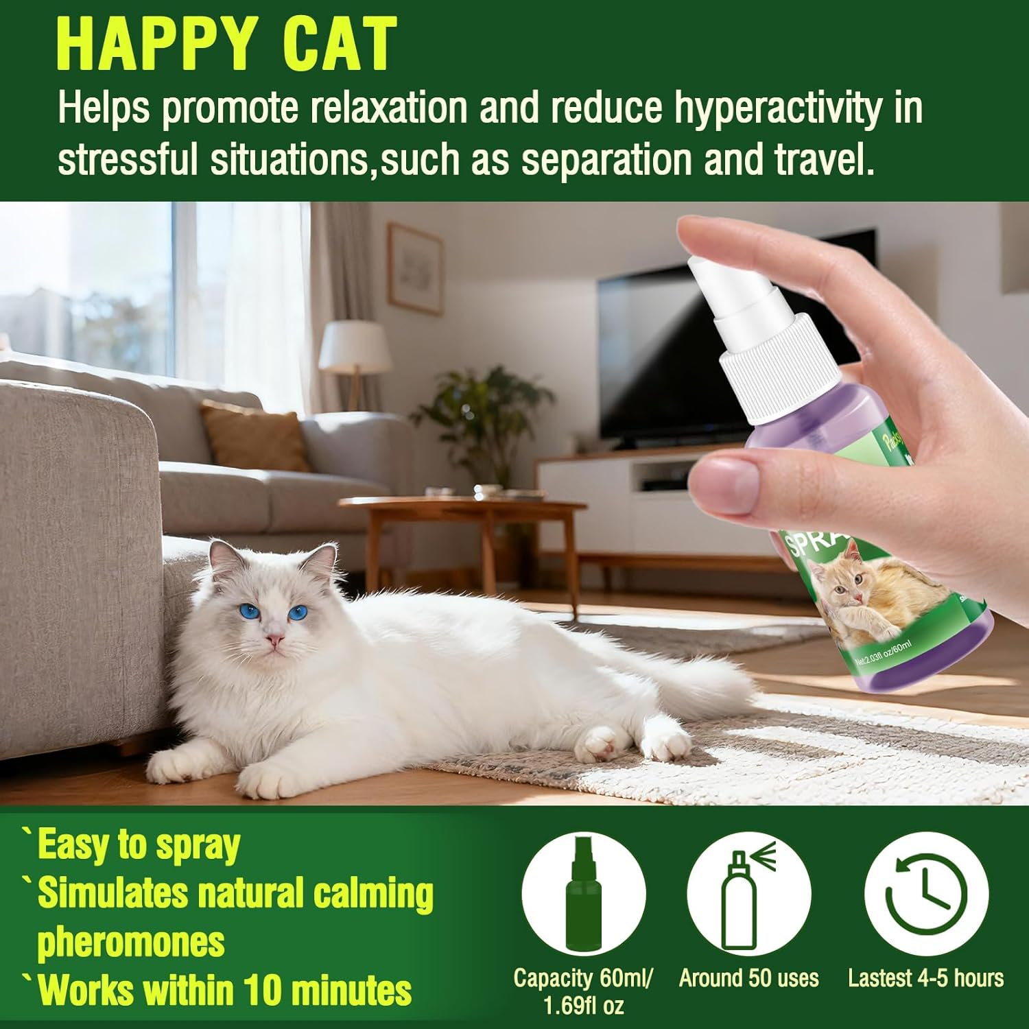 Cat Calming Pheromone Diffuser and Spray,Natural Stress-Reducing Formula for Cats,Promote Relaxation and Calmness,Easy to Use,Cat Stress Liquid,Au Diffuser(2 Refills+1 Spray) image number 6