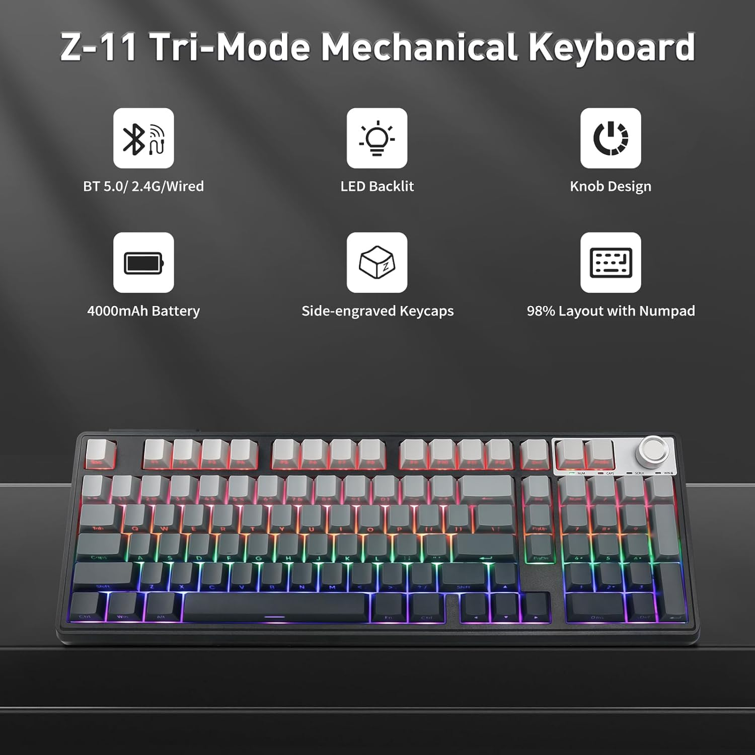 HUO JI Wireless Mechanical Gaming Keyboard with Knob, Bluetooth 5.0/2.4Ghz/Usb-C Wired, Hot Swappable Red Switches, Anti-Ghosting, Led Backlit Sidelit, 96% Computer Keyboard for PC Gamer (Grey) image number 6