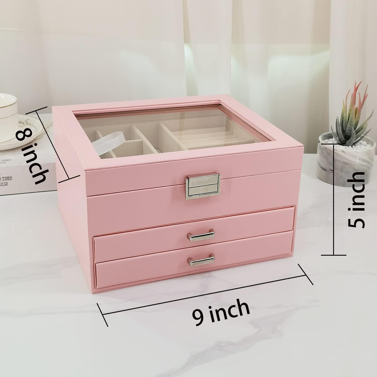 Jewelry Box with Glass Lid, 3-Layer Jewelry Organizer with 2 Drawers for Loved Ones Gifts, Pink image number 4