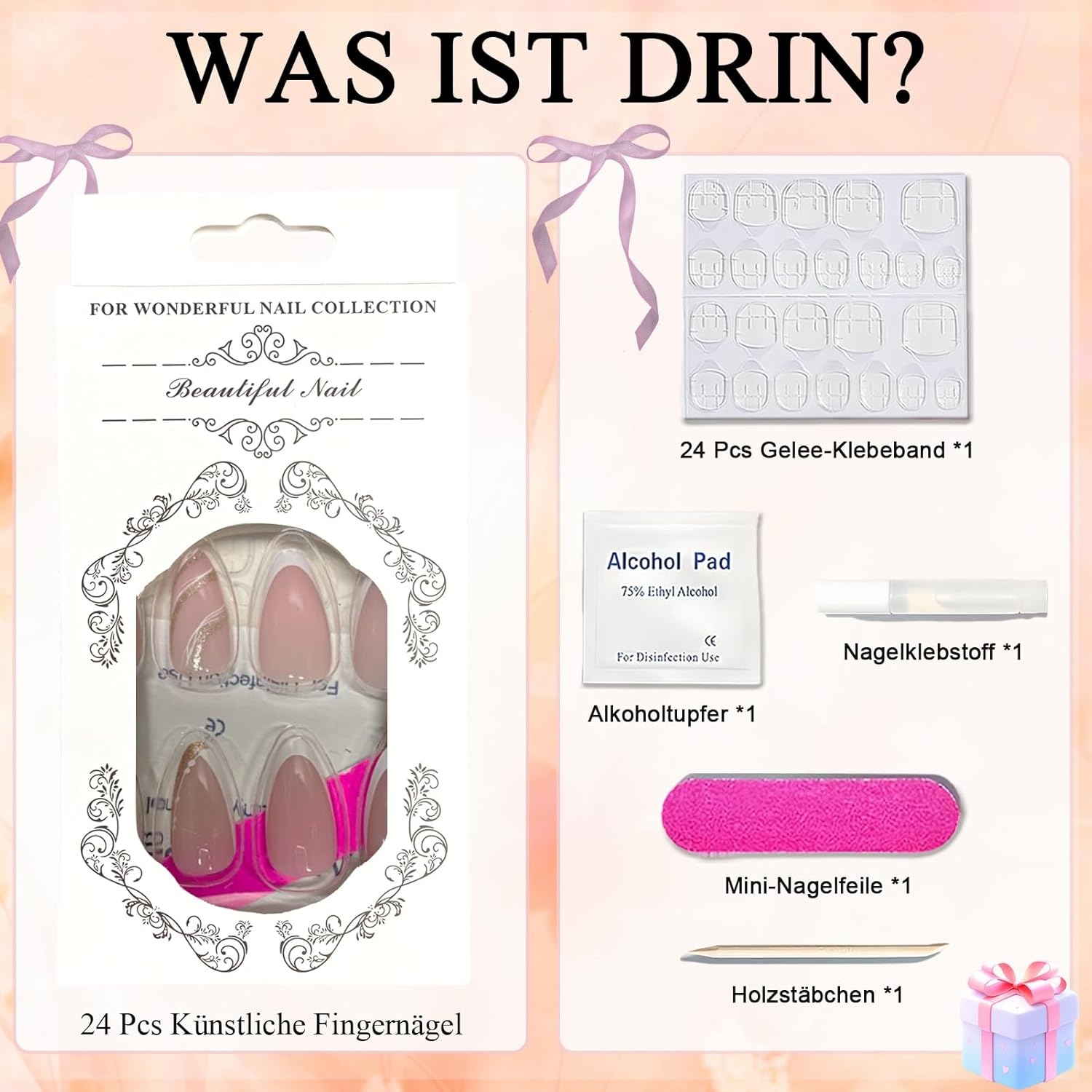 Virellay Almond Fake Nails, Artificial Fingernails, Press on Nails Almond (French with Glitter Line, 24 Pieces) image number 3