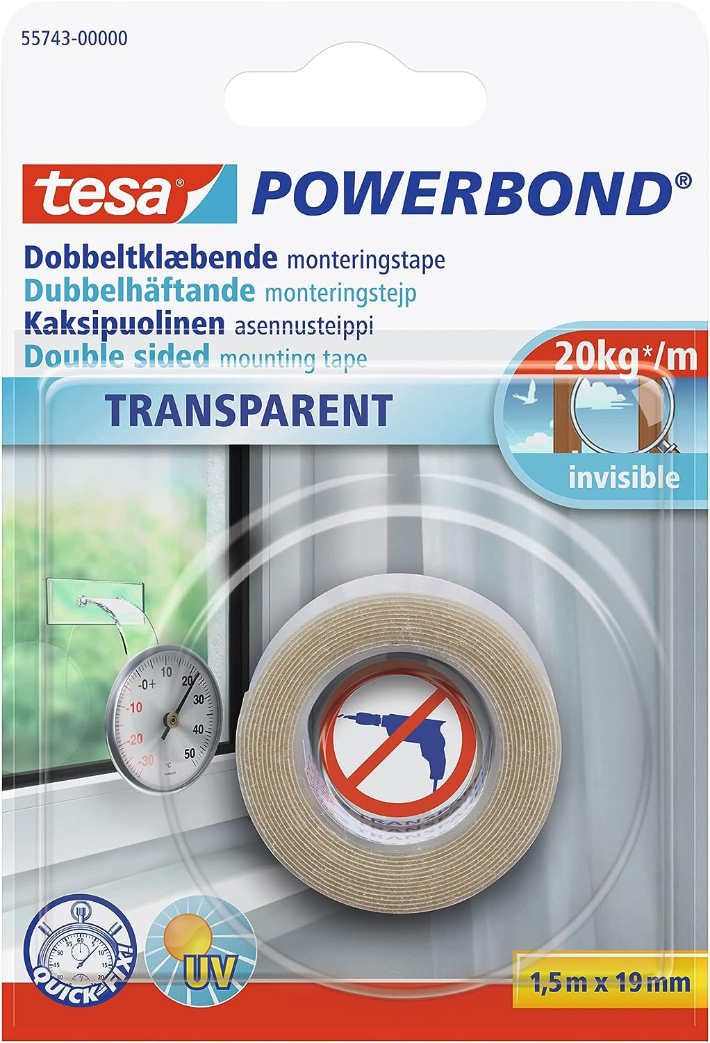 Tesa Powerbond Outdoor - Double-Sided Mounting Tape for Outdoor Use - UV-, Water- and Temperature Resistant Adhesive Tape - Holds up to 1 Kg per 10Cm Tape, 1,5M X 19Mm