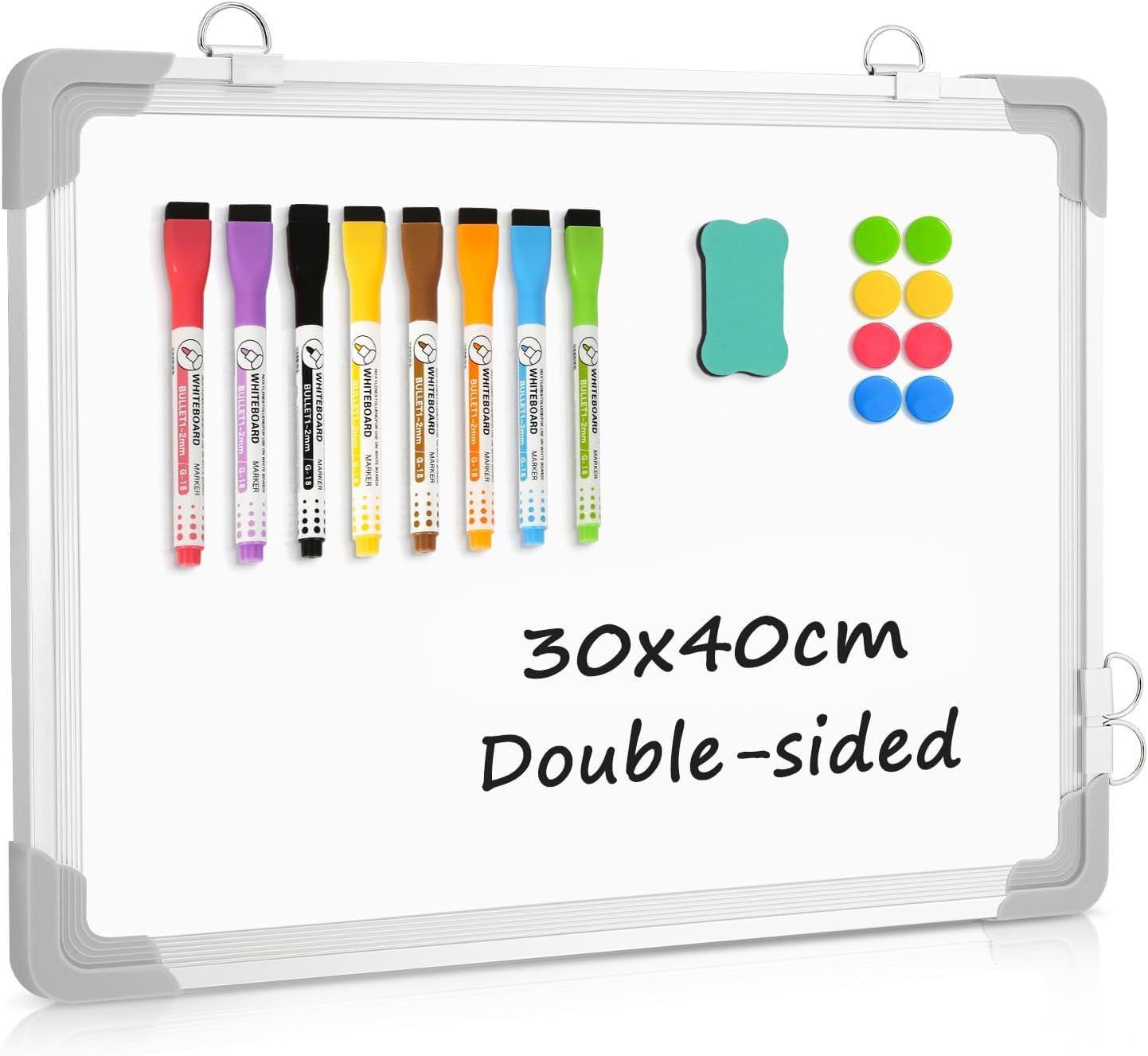 QUEENLINK Magnetic Whiteboard with Aluminum Frame, 30 X 40 Cm Double-Sided White Board, Includes 8 Markers, 1 Eraser, 8 Magnets, Hanging Board for Office, Classroom, Home Study