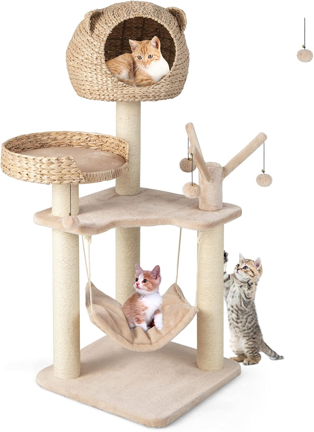 Giantex Wooden Cat Tree, 48 Inches Cat Tower with Cattail Condo, Cat Bed, Hammock, Rotatable Jingling Balls, Natural Sisal Scratching Posts, Removable Cushion, Multi-Level Kitten Activity Center image number 1