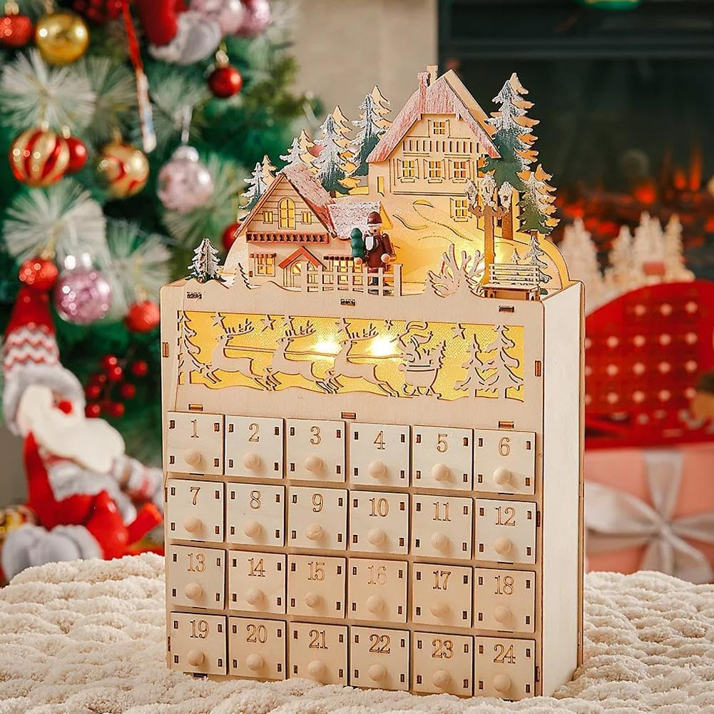 24-Day Christmas Countdown Calendar Decoration,Led Holiday Decoration,Wooden Christmas Advent Calendar,Wooden Calendar Decoration with 24 Storage Drawers for Home Christmas Party
