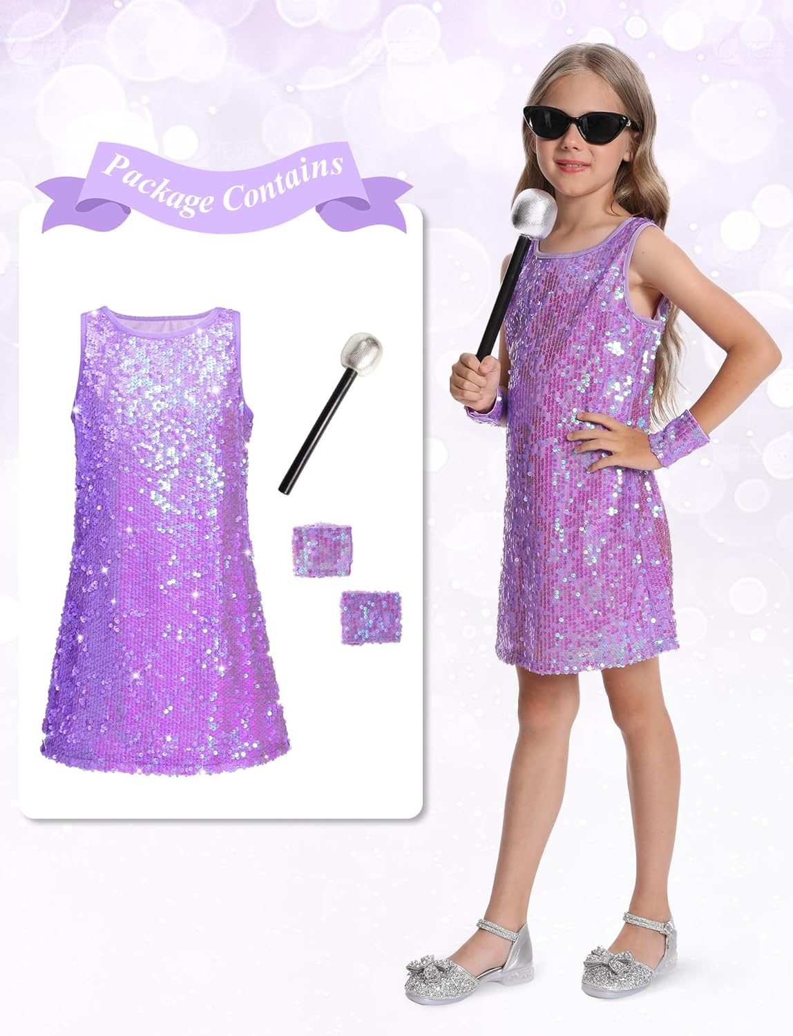 Happy Cherry Girls Sparkly Sequin Sleeveless Dress with Bracelets Microphone Prop Princess Birthday Party Dresses 5-13 image number 2