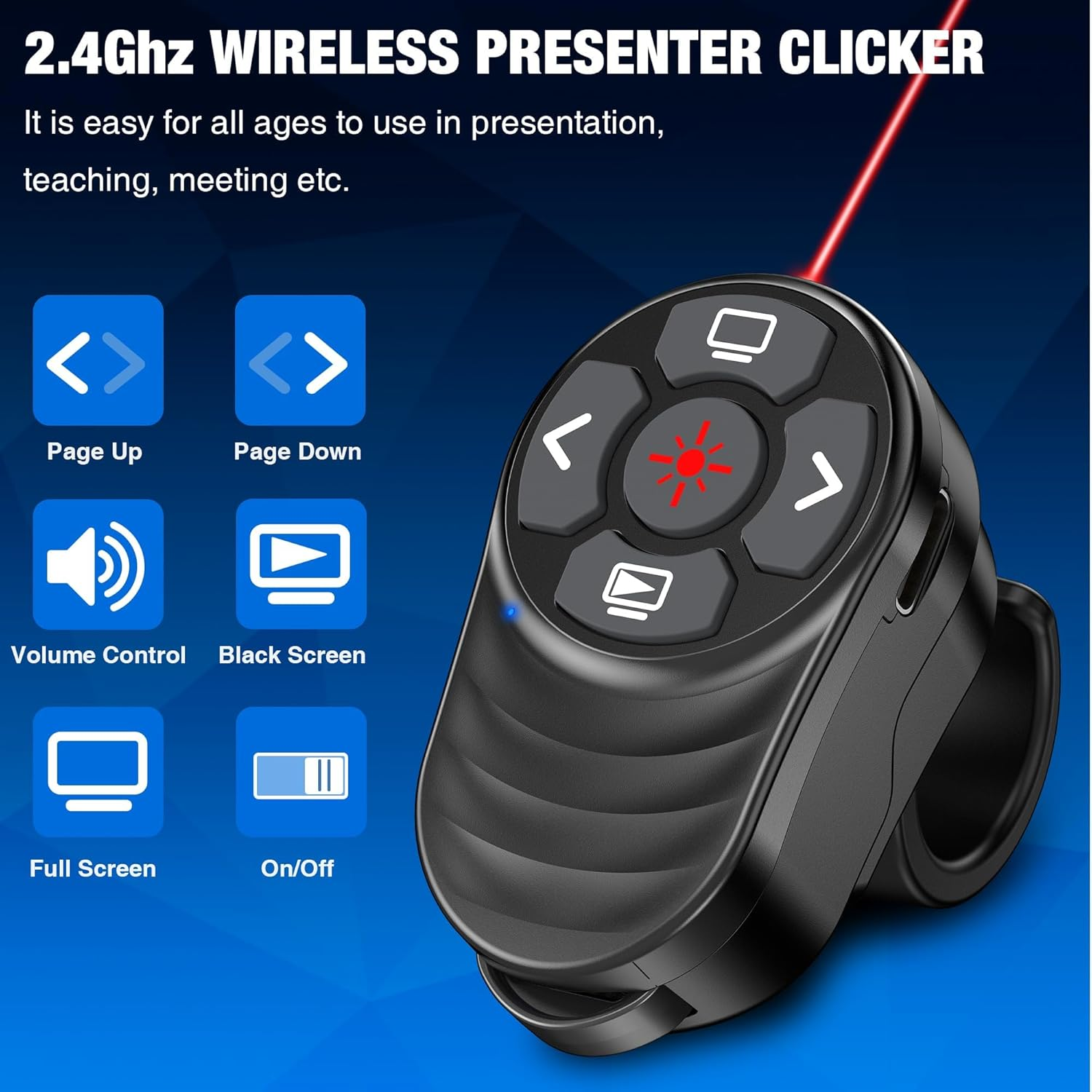 2 in 1 USB Type C Wireless Presentation Clicker Rechargeable, Finger Ring Powerpoint Clicker with Red Laser Pointer, Presenter Remote PPT Clicker for Powerpoint Presentations for Mac Computer Laptop image number 3