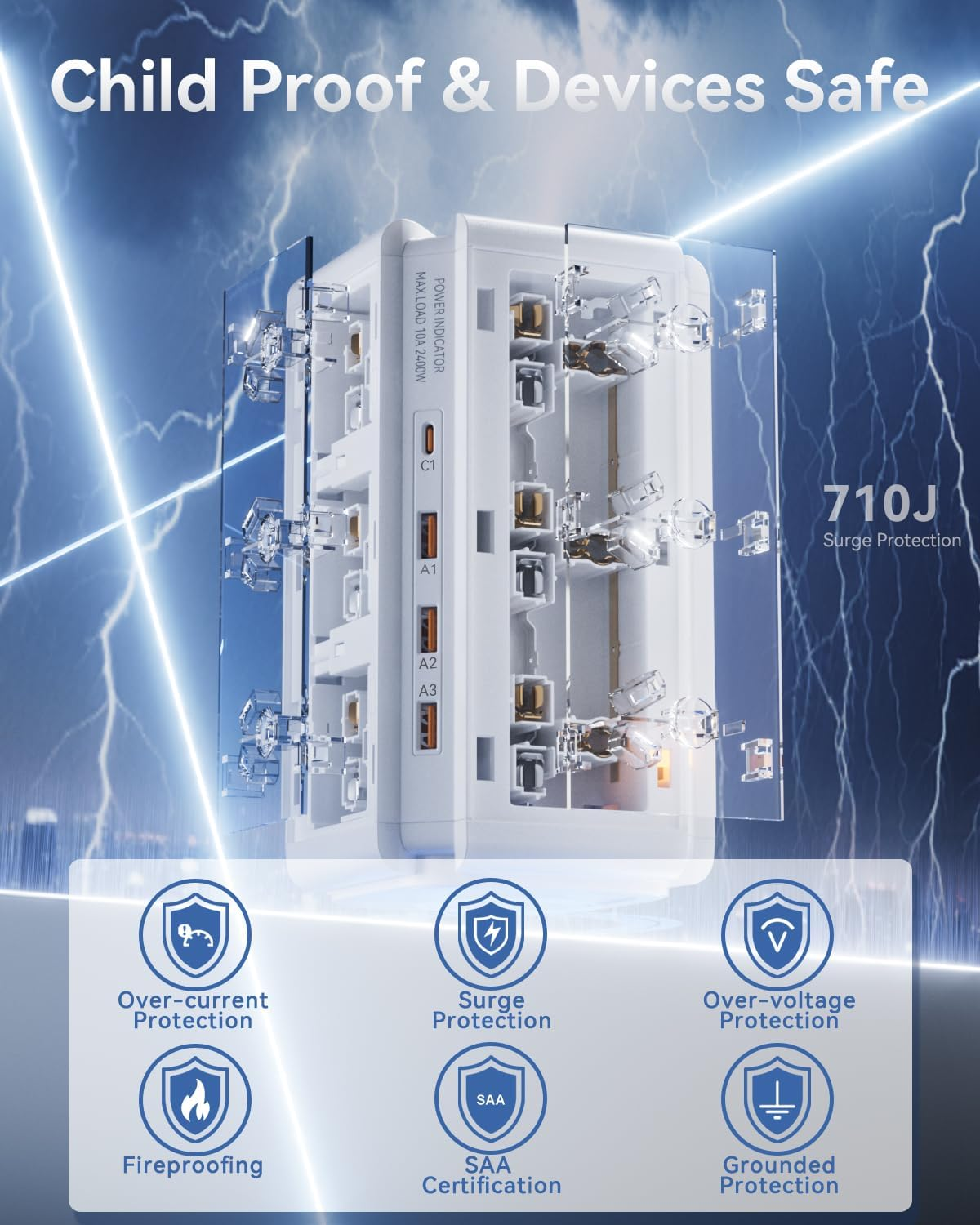 Tower Power Strip USB, USB C Powerboard Surge Protector 12-Outlet image number 4