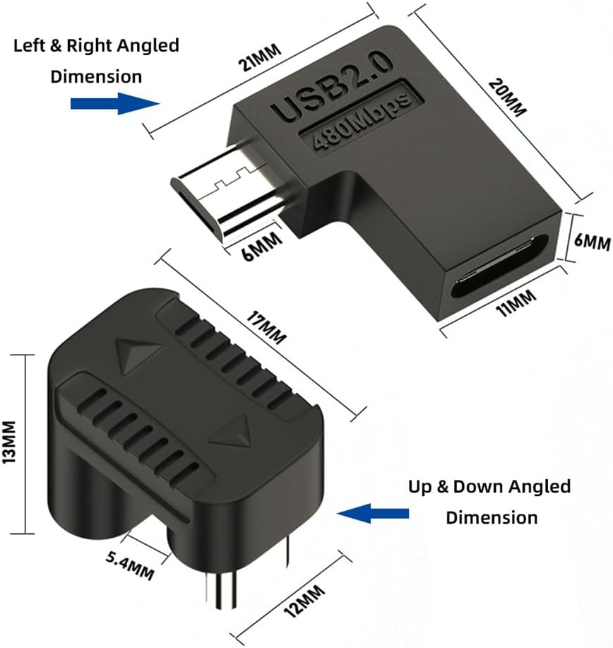 Xiwai 90/360 Degree Angled USB-C to Micro USB Adapter 4 Pack, USB2.0 Type C Female to Micro USB Male Power Data Adapter(Right & Left &Up & Down) for Phone Tablet image number 6