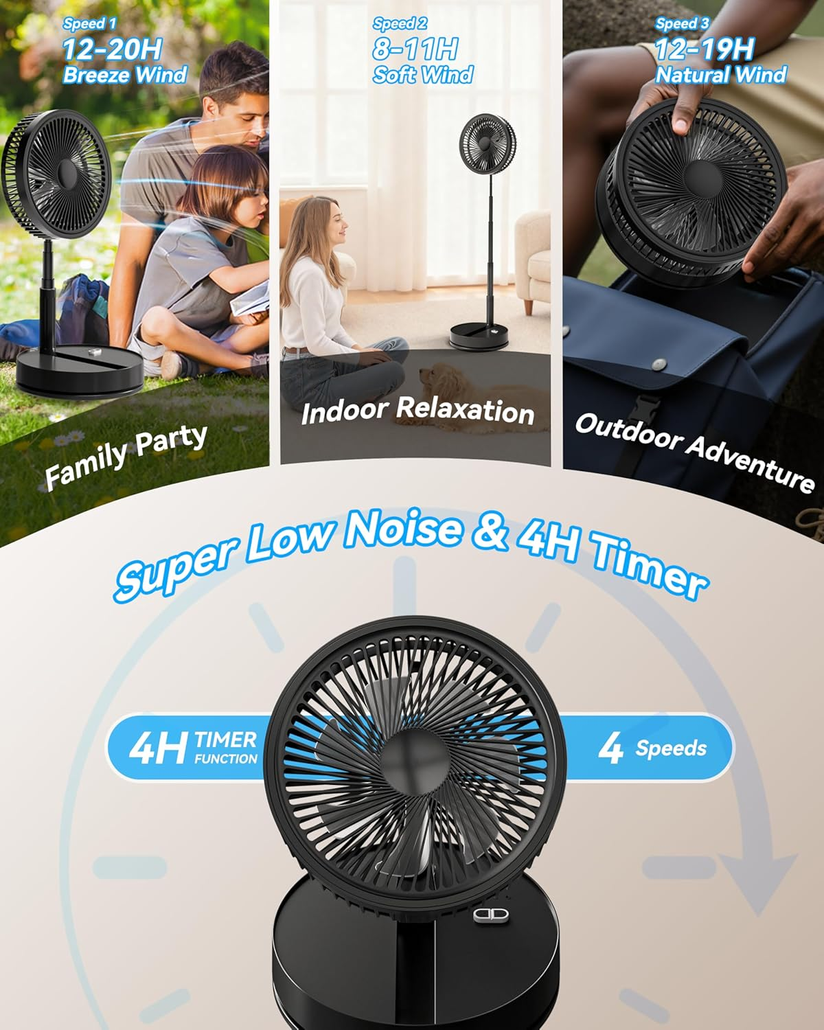 Shanghigh Portable Desk Fan - 4 Speed Quiet Foldable Table Fans, Adjustable Height Standing Floor Fan with 4 Timer, USB Rechargeable Oscillating Desktop Fan for Home Travel Office Bedroom Camping Room image number 4