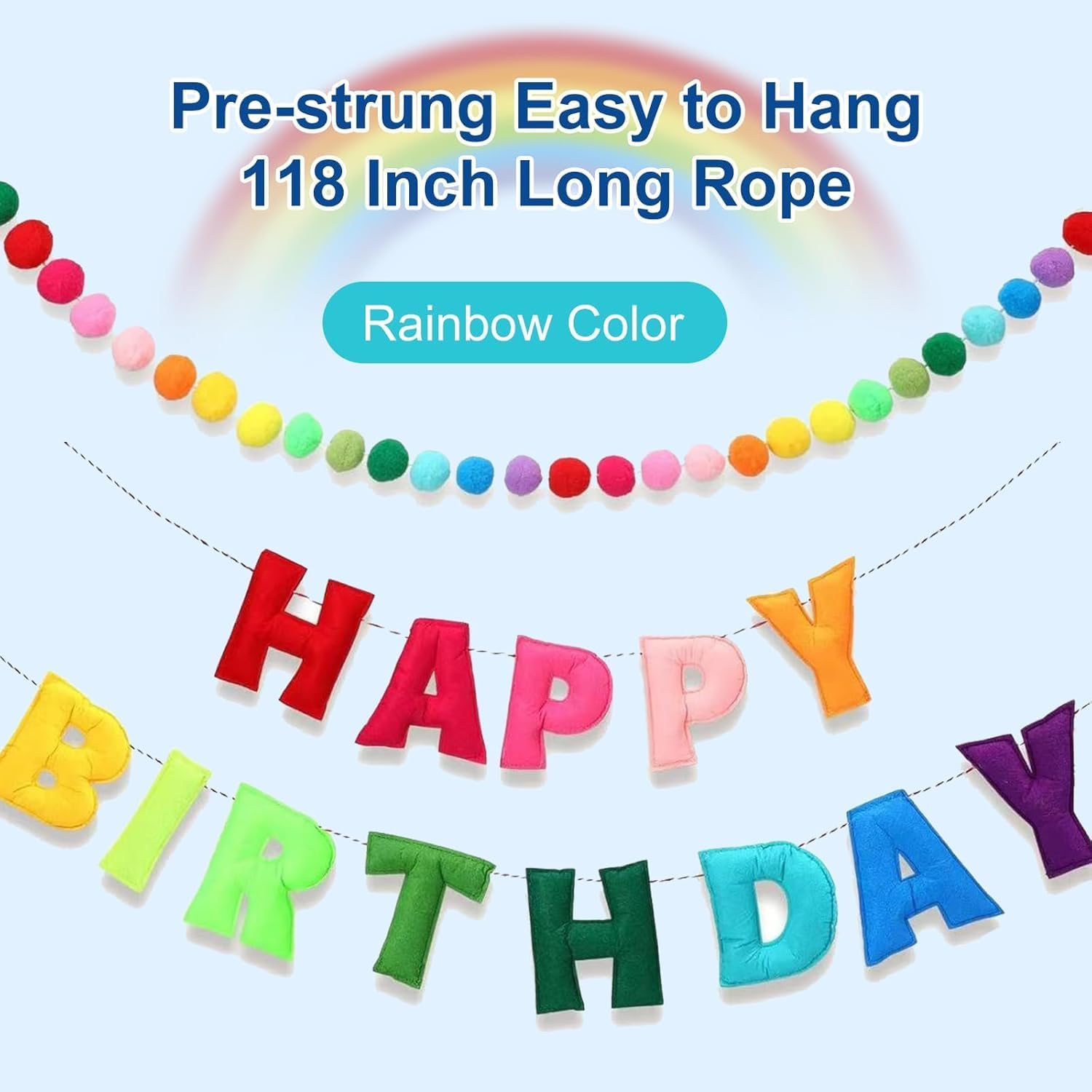 Lumjoy 118 Inch Pre-Strung Rainbow Felt Happy Birthday Banner & Felt Ball Garland Set image number 1