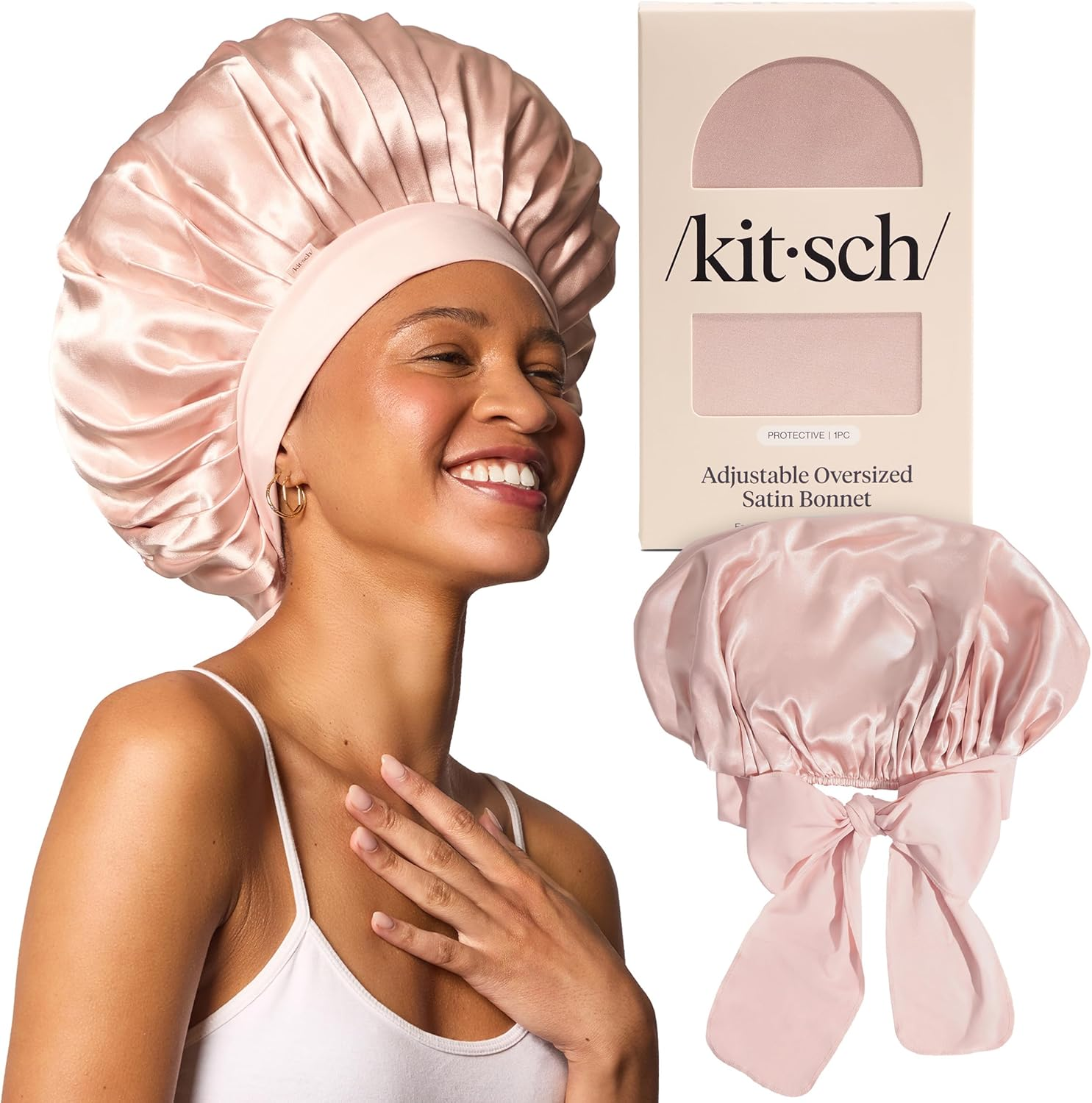 Kitsch XL Satin Bonnet for Sleeping - Softer than Silk Bonnet for Sleeping Women - Secure Fit, Adjustable, Night Cap for Curly & Textured Hair - Prevents Breakage, Tangles & Thinning - Cherry Print