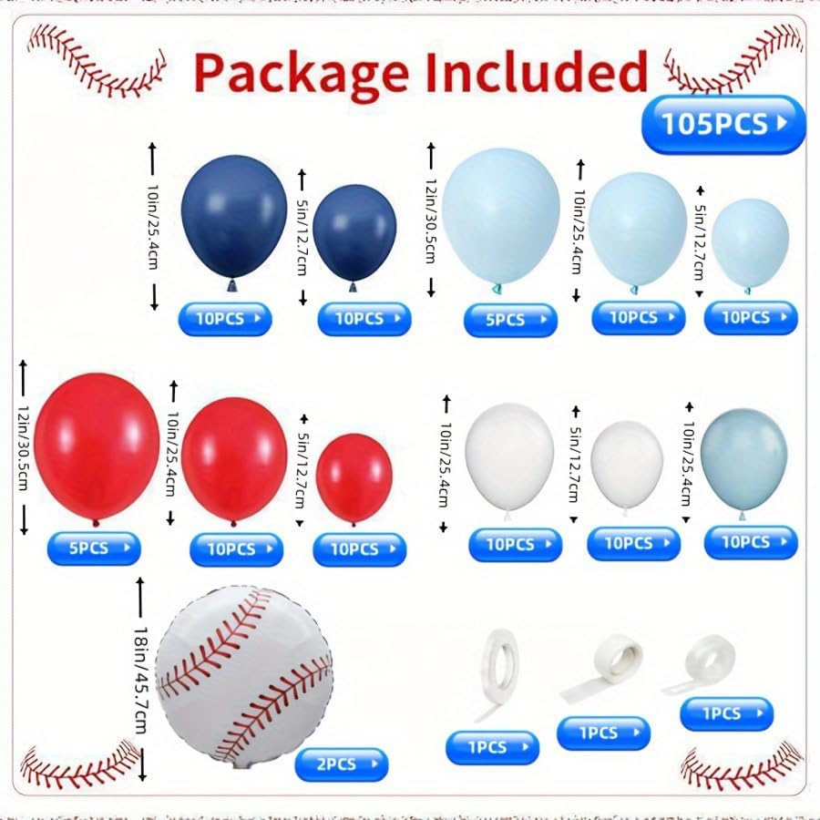 Baseball Themed Balloon Chain Set, Sports Style, Red, White and Blue（105 PCS）