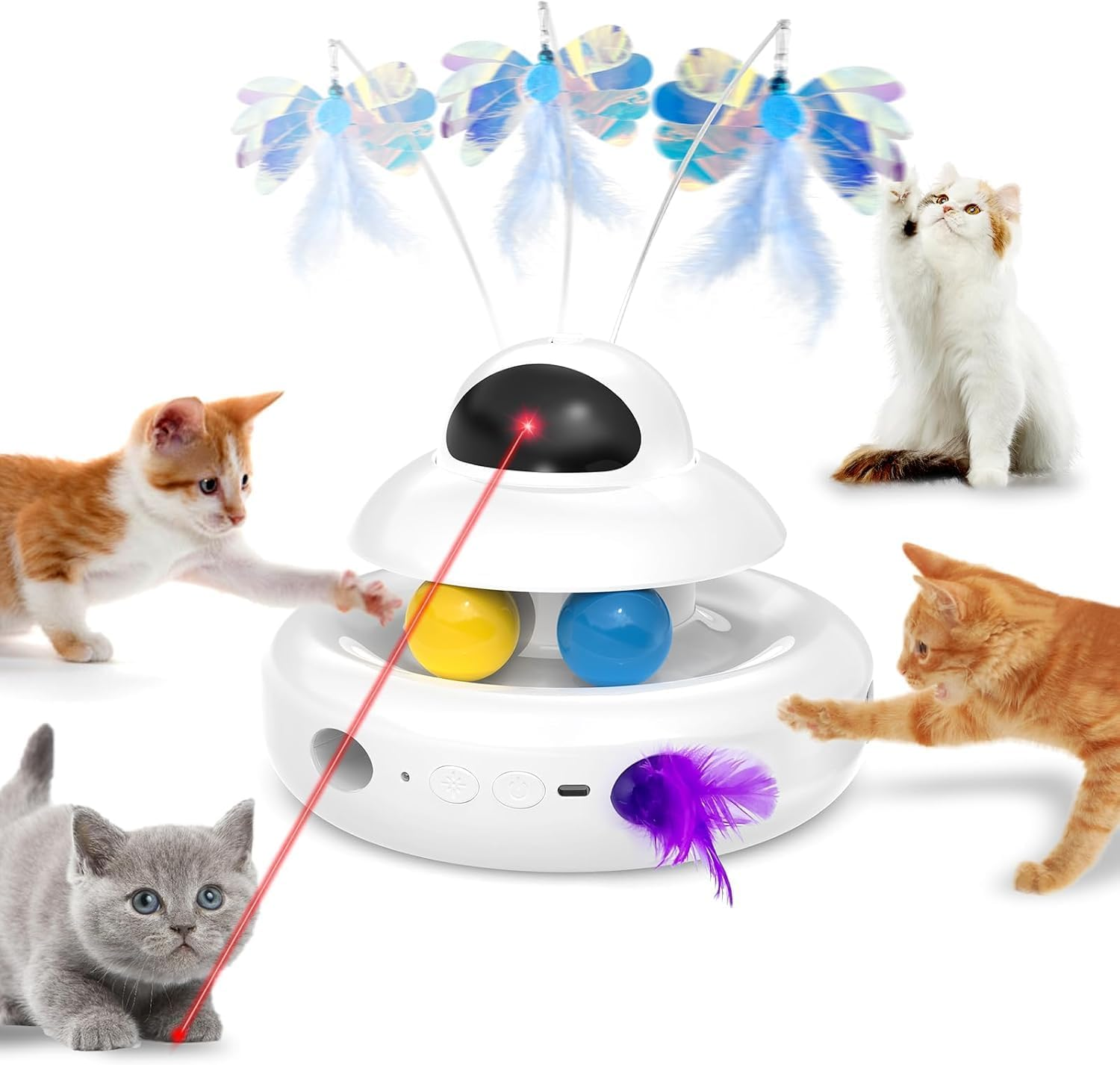 Cat Toy,Interactive 4-In-1 Automatic Cat Toys for Indoor Cats,Electronic Whack a Mole, Fluttering Butterfly,Track Balls Kitten Toy,Feather Toys for All Breeds image number 1