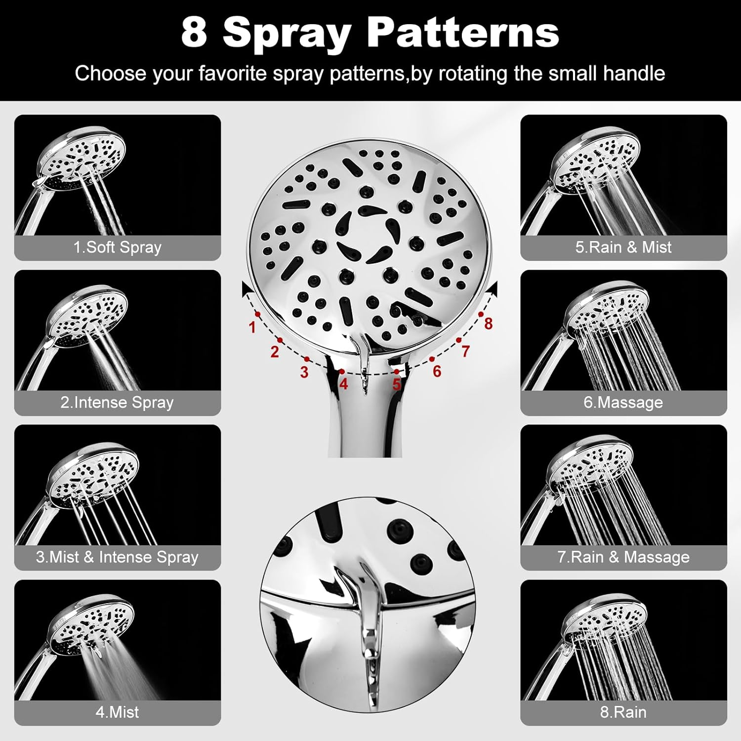 Liwcho Shower Head, 10 Inch High Pressure Rainfall Shower Head/Handheld Shower Combo with 11 Inch Extension Arm, 9 Settings Adjustable Anti-Leak Shower Head with Holder/Hose, Height/Angle Adjustable image number 2