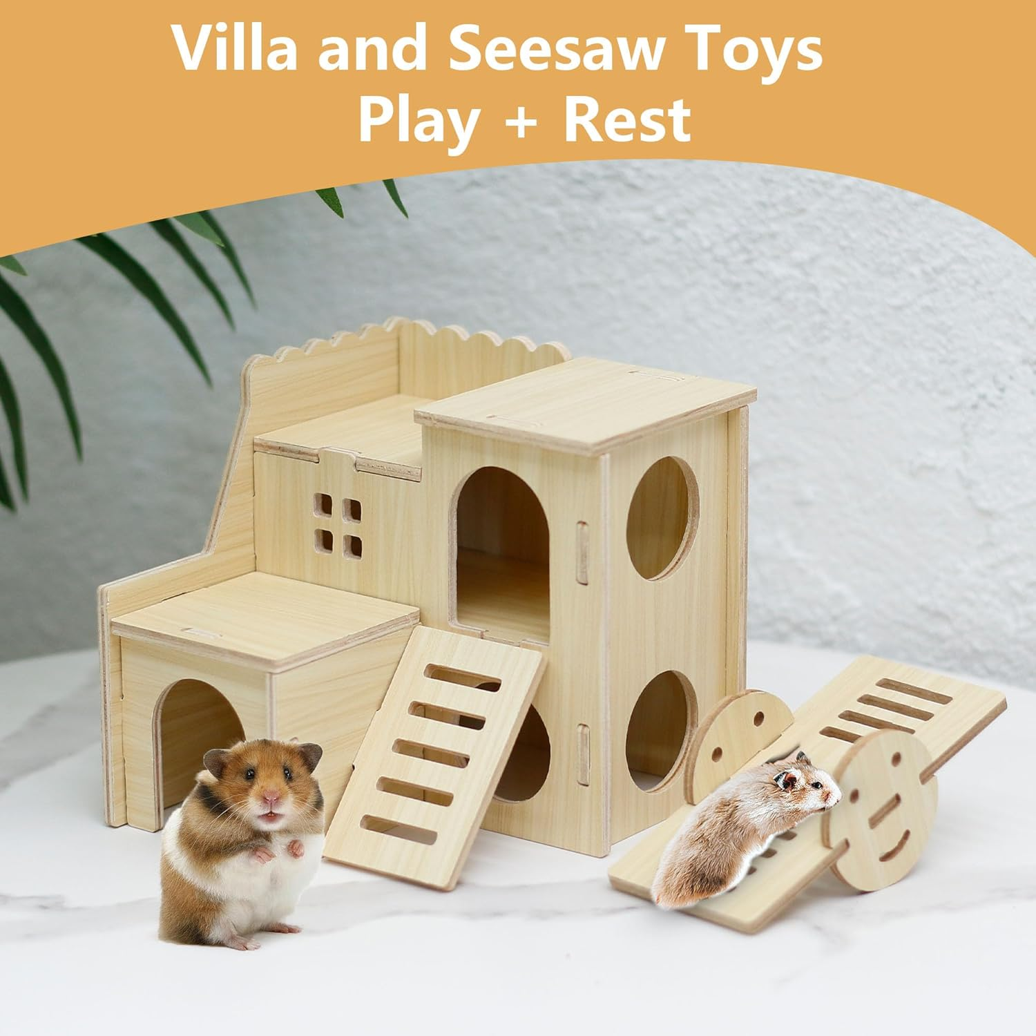 Wooden Hamster Hideout Cage Accessories, Guinea Pig House and Seesaw, Double-Decker Hide Hut with Slide, YITOBA Hamster Chew Toys for Pet Rats, Hamster Platform for Dwarf Gerbils (Two-Story) image number 5