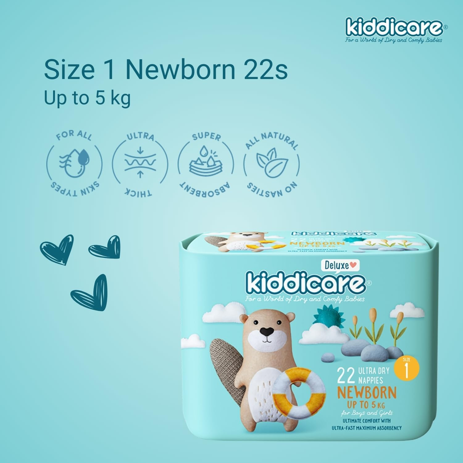 Kiddicare Deluxe Newborn Baby Nappies, Size 1 (Up to 5Kg), 22-Count, Pack of 1, Ultra-Fast 12-Hour Absorption, Leak Protection, Anti-Rash, Stretchy Sides for Better Fit, Soft & High Absorbent