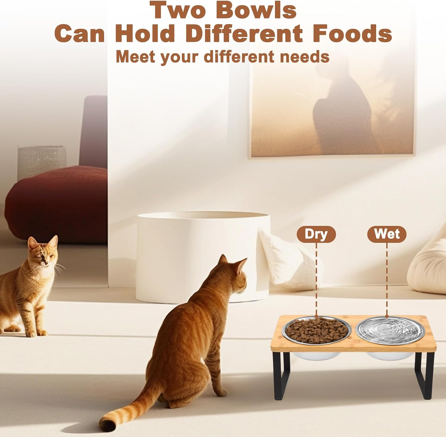 Elevated Cat Food Bowls with Non-Slip Mat, 15&deg; Tilted Stainless Steel Raised Feeding Dishes, anti Vomiting Station for Pet Food & Water, Durable Bamboo Stand Bowl for Cats & Small Dogs image number 2