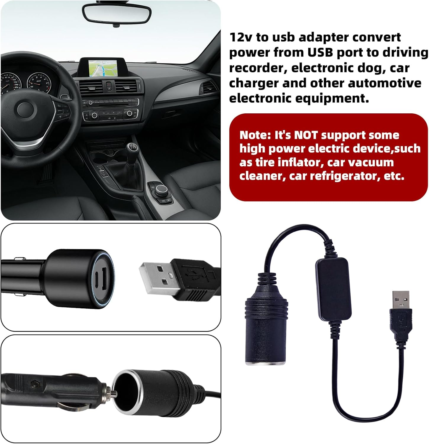 2 Pcs USB a Male to 12V Car Cigarette Lighter Socket Female Converter Cable, USB to Cigarette Lighter Adapter (8W Max) image number 1