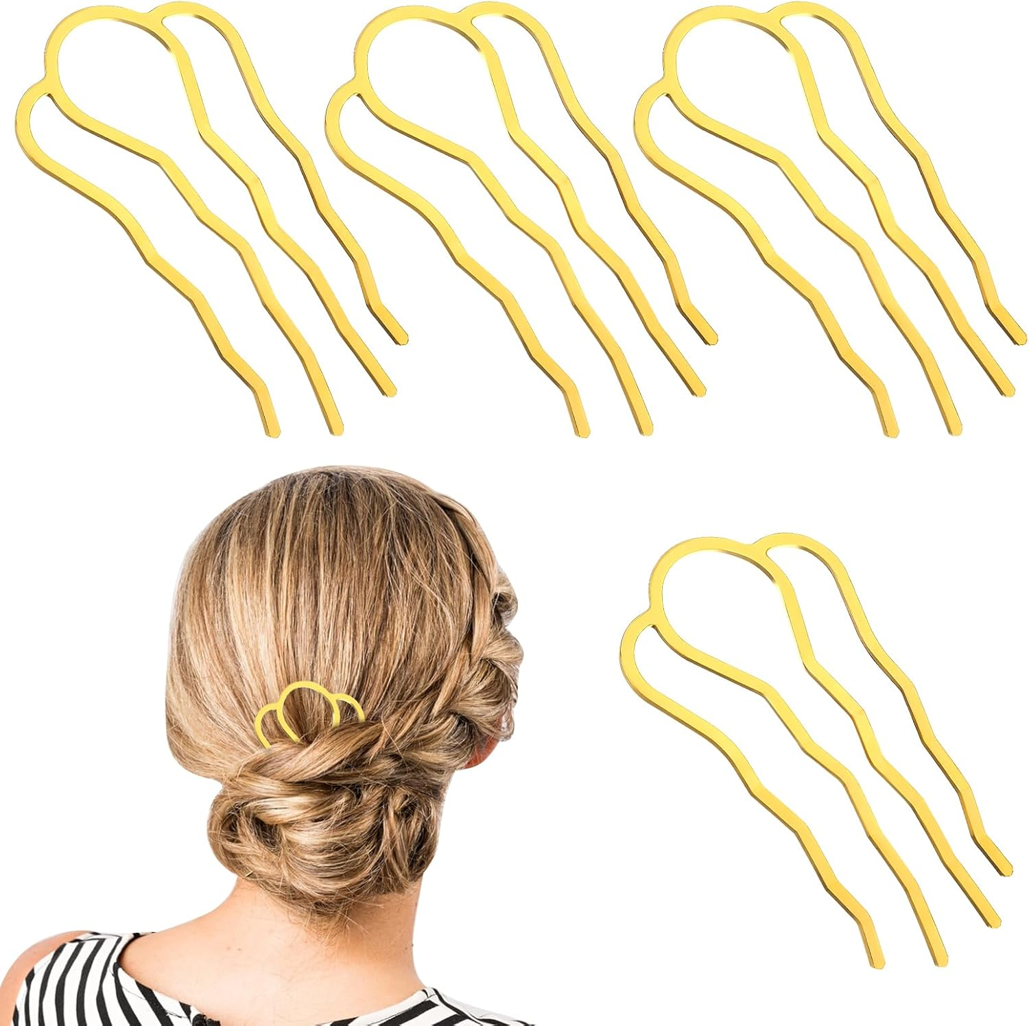 Gjinxi Hair Side Combs Metal Hair Fork Clip 4PCS French Hairpins for Buns Hairs Updo U-Shape 4 Prong Hairs Sticks Styling Tool Accessories Twist Black Headpieces for Women Decoration