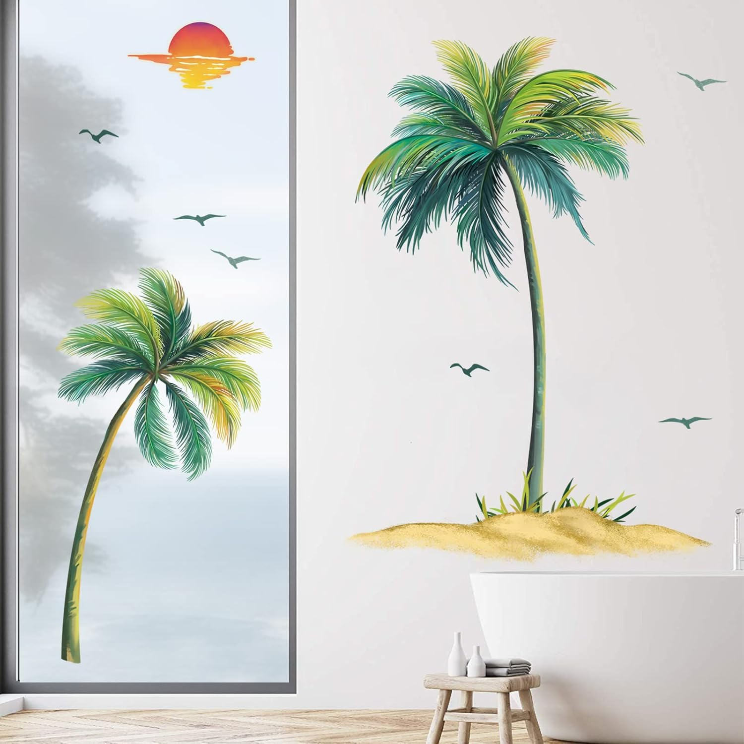Decalmile Palm Tree Wall Decals Tropical Plant Bird Wall Stickers Bedroom T Wall Living Room Wall Decor (Tree Height: 51/39 Inch) image number 3