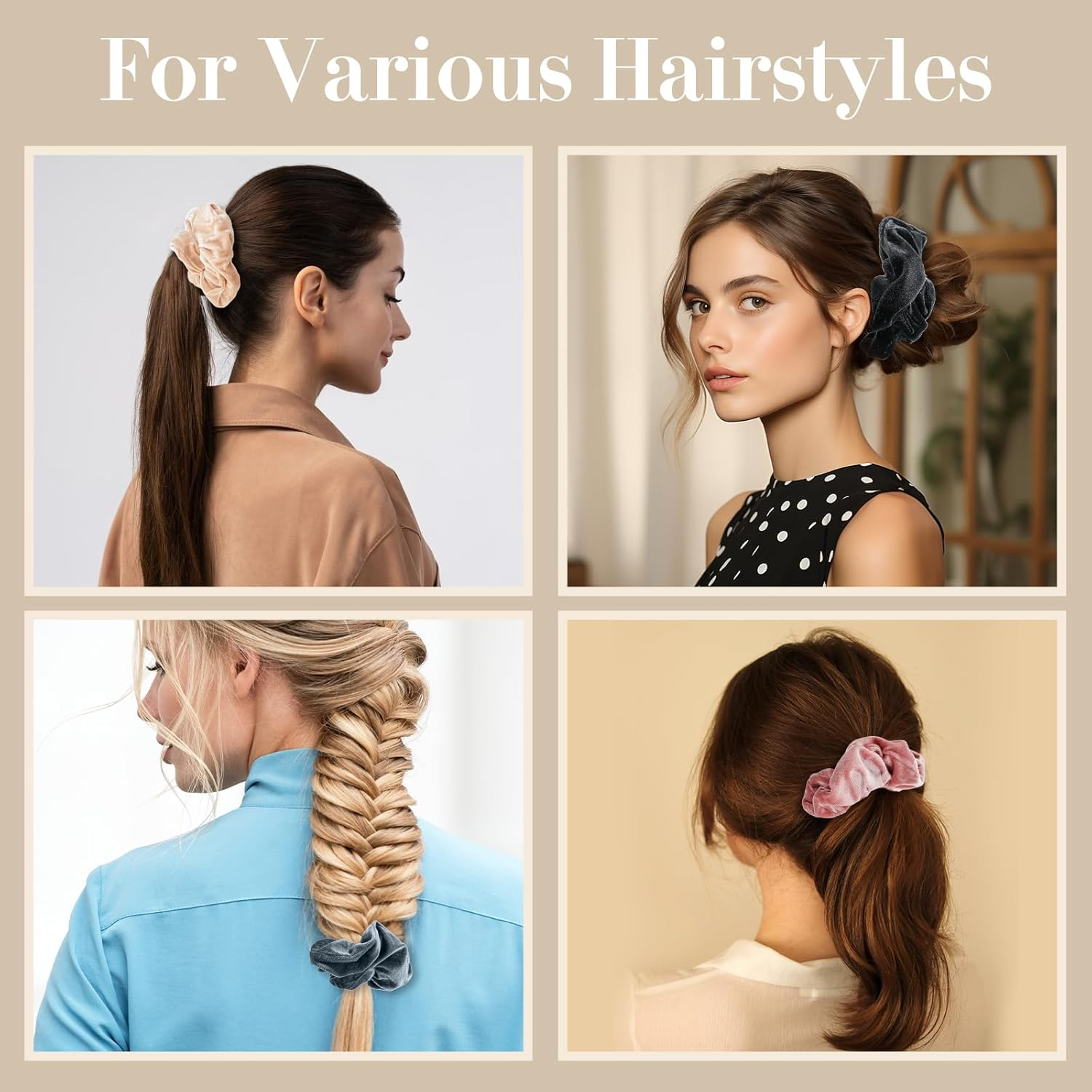 Lolalet Large Soft Velvet Scrunchies for Hair, Elastic Hair Bands Scrunchy for Women Girls, Ponytail Holder Hair Accessories Teens for Thick Curly Hair -4 Pack, Style A