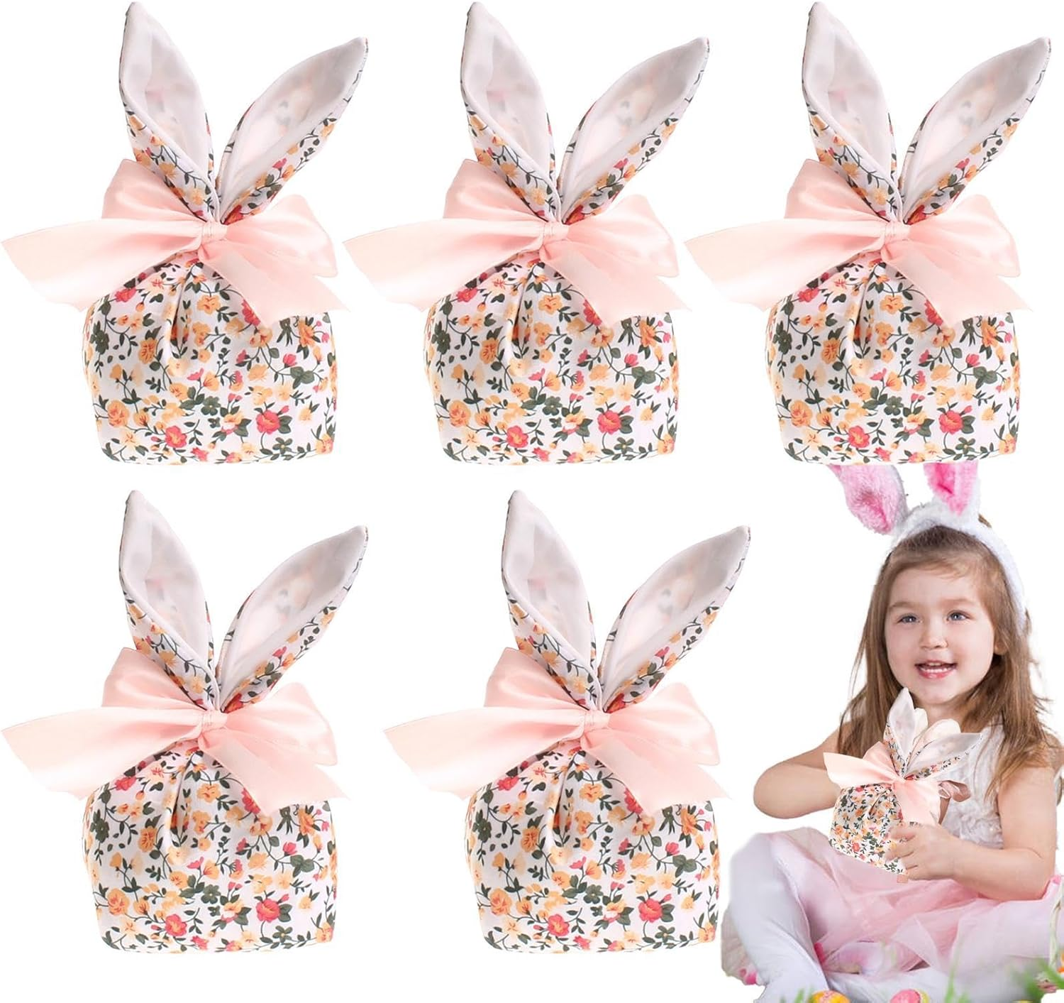 Easter Bunny Treat Bags,Bunny Ears Goodie Bags Candy Storage | 5X Gift Pouches Reusable with Bow, Party Favors, Easter Decorations Party Supplies for Packaging