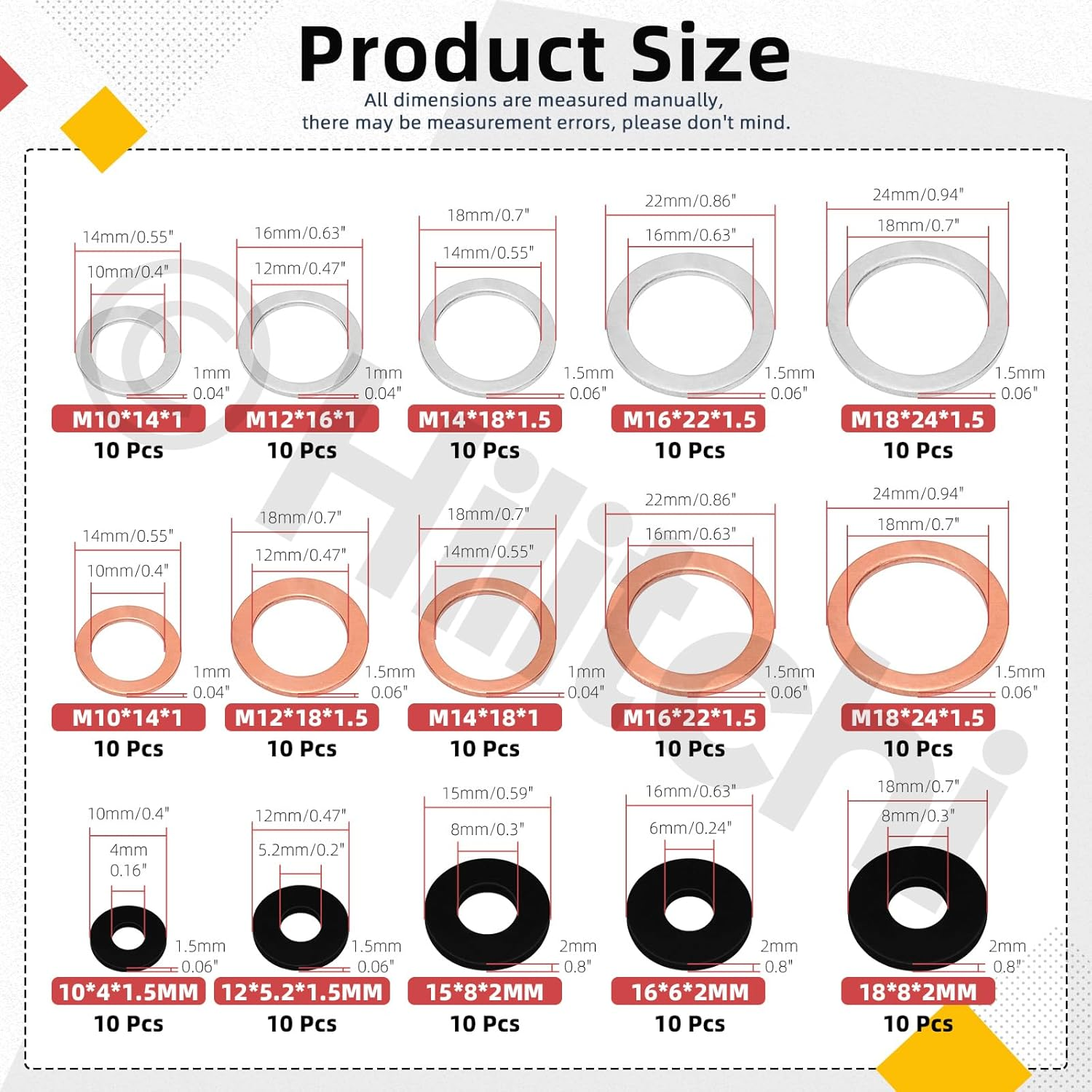 Hilitchi 150Pcs Aluminum Copper Oil Drain Plug Gasket and Black Nylon Flat Washer Assortment Kit, M10 M12 M14 M16 M18 Oil Crush Washers Sealing Washers Rubber Grommet for Car Household Appliances image number 2