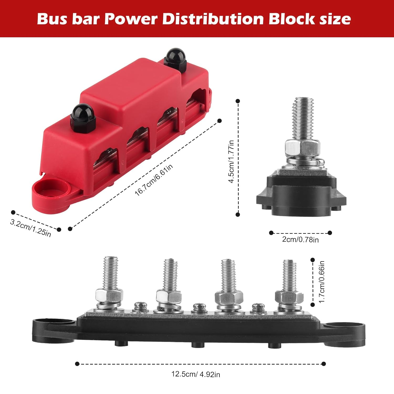 12V Bus Bar Power Distribution Block, 250A Battery Busbar Terminal Block with Cover, 4 X 5/16" Studs, Anti-Galling Battery Junction Blocks for Automotive Marine Cars Rvs Ships Yachts image number 4