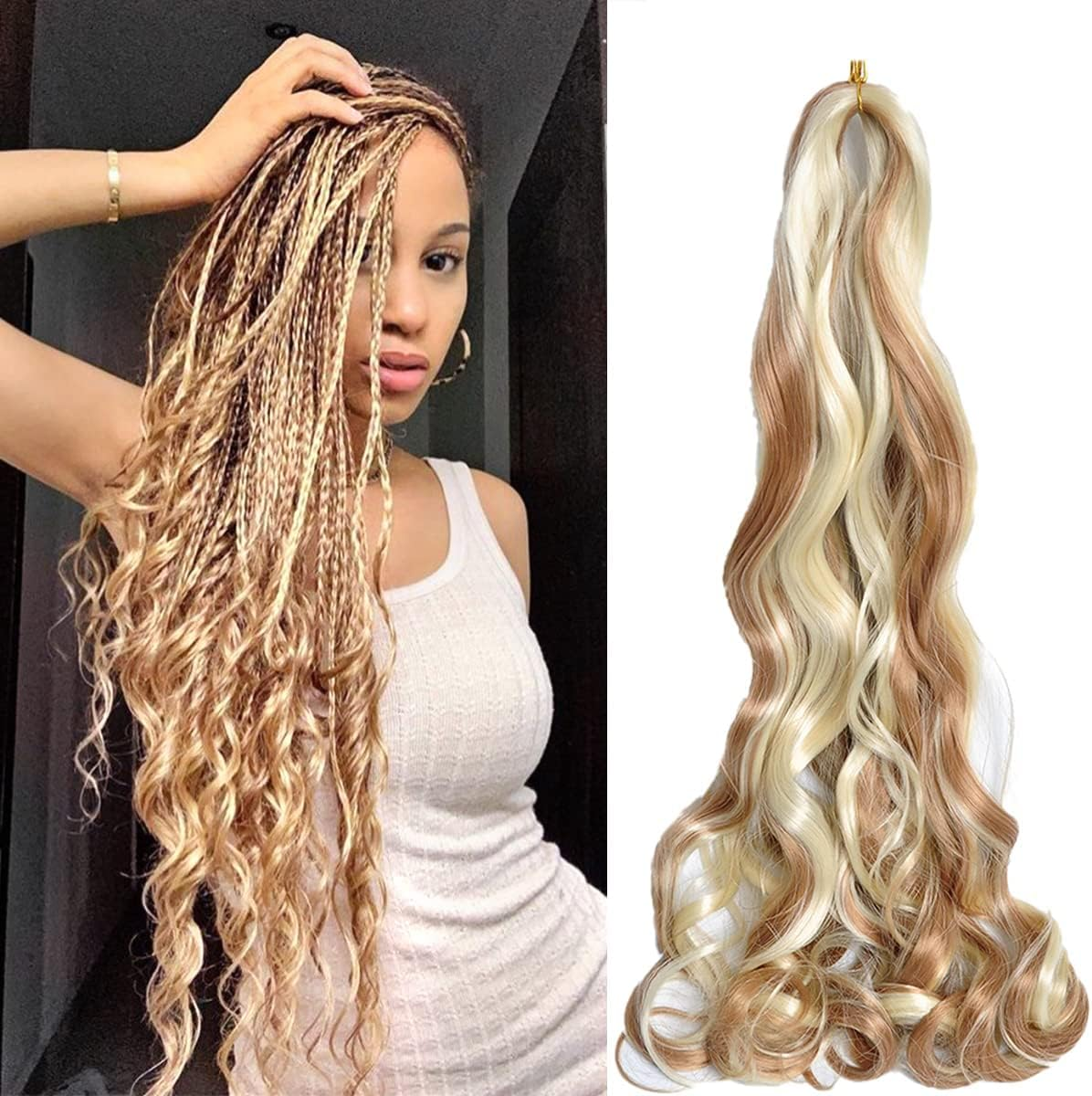 Herkeymidy French Curly Braiding Hair 24 Inch Loose Wavy 8 Pack Bouncy Braiding Hair Extensions 75G/Pack French Curly Synthetic Hair Extensions(P27/613)