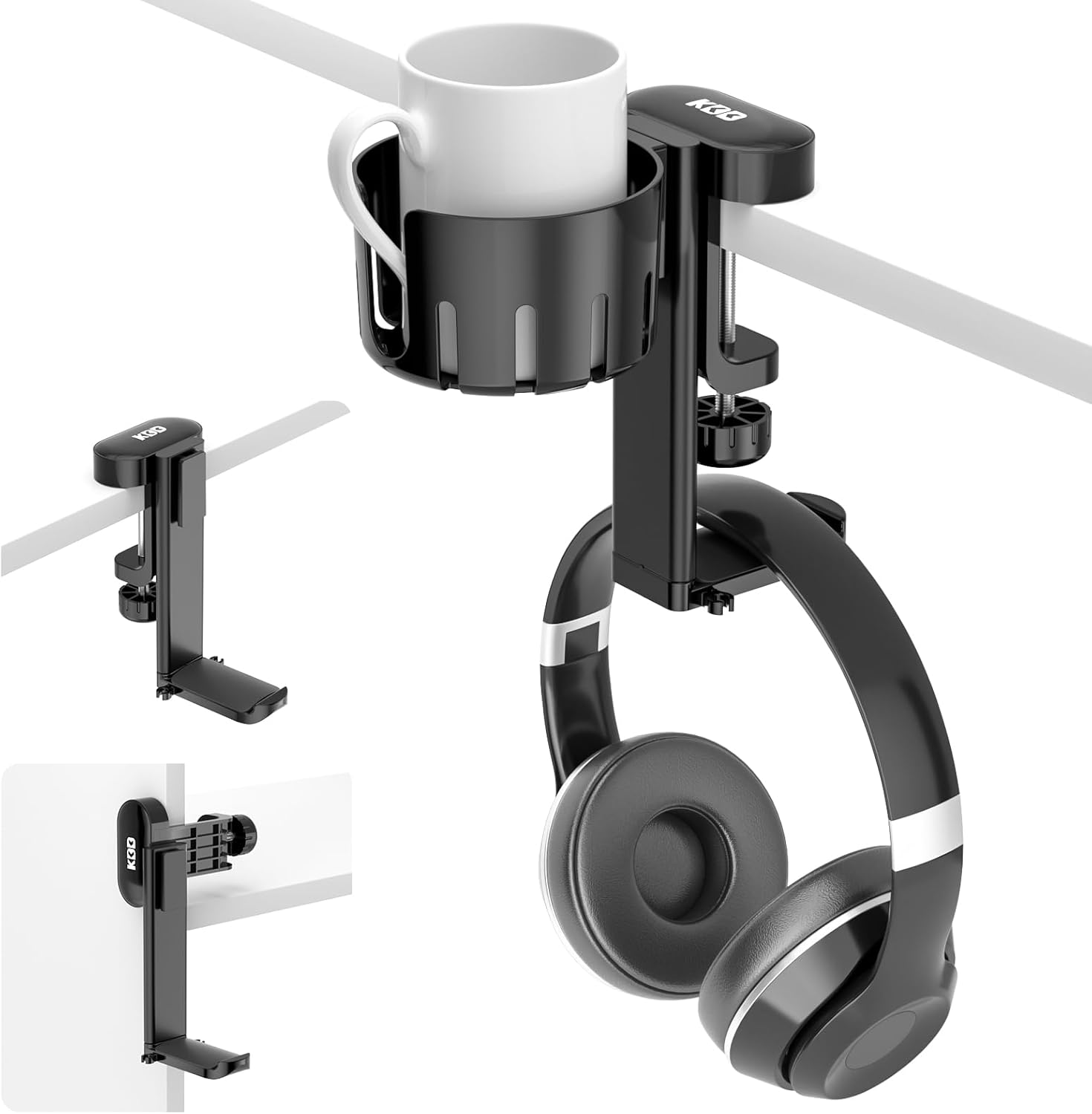 KDD 2 in 1 Headphone Hanger with Desk Cup Holder - under Desk Clamp Rotatable Headset Holder - Suitable for Coffee Mups, Water Cups, Headphone(Black)