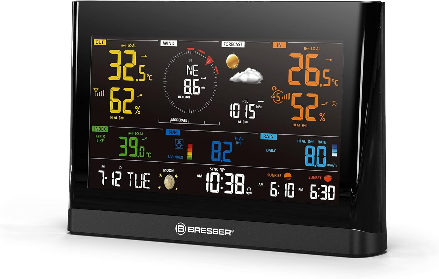 Bresser WLAN Comfort Weather Station with 7-In-1 Professional Sensor and Modern Colour Display, Black