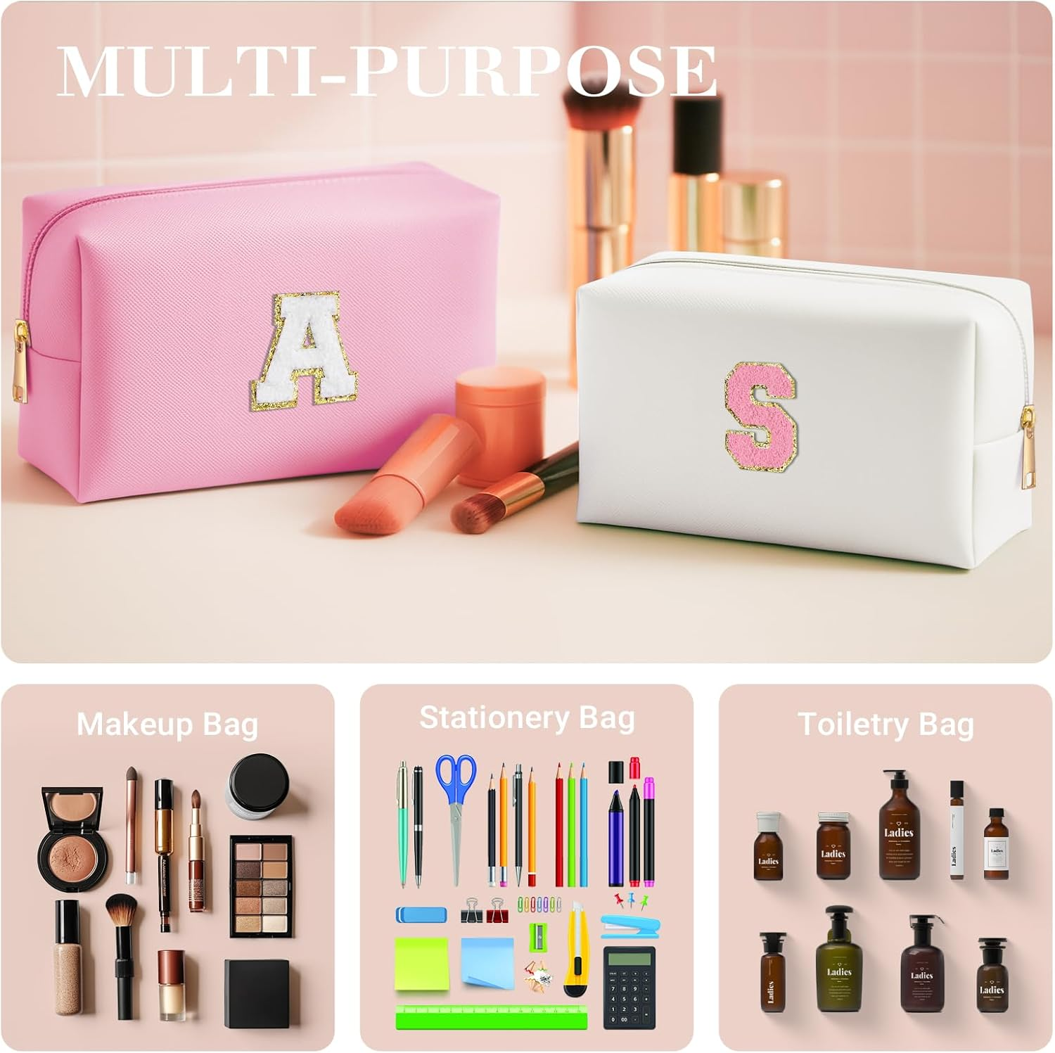 LIAN Initial Makeup Bag Personalized Cosmetic Bags Cute Makeup Pouch Waterproof PU Small Travel Toiletry Bags for Women Preppy Things for Girls (Pink-A) image number 1