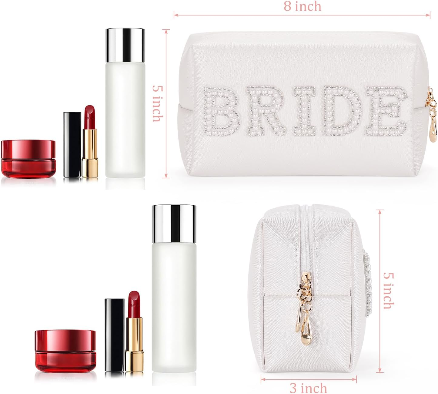 Etercycle Bride Letter Makeup Bag, Bride to Be Gifts Bling Pearl Rhinestone Patch Cosmetic Bag, Waterproof PU Travel Toiletry Bag for Bachelorette Party Wedding Bridal, Silver