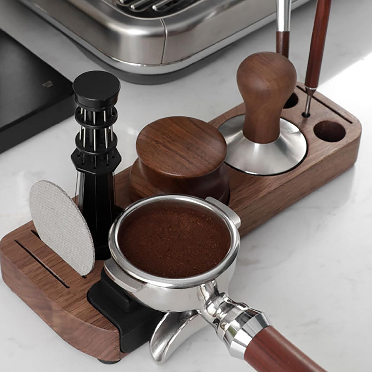 Joyeee Wooden Espresso Tamping Station, Portafilter Tamping Stand Espresso Coffee Organizer Box Fit for Storage 51, 53, 58MM Espresso Tamper Mat Portafilter Holder, (Accessories Not Included) image number 5