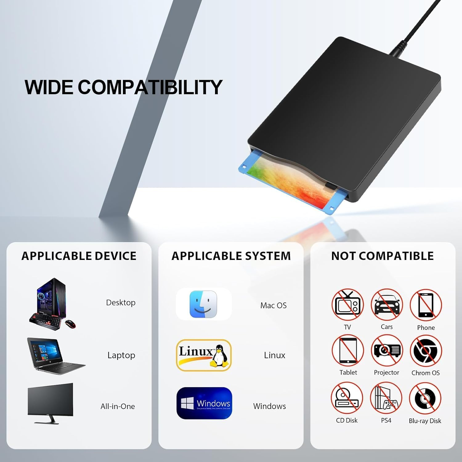 Floppy Disk Reader, 3.5 Inch External Portable 1.44 MB FDD Floppy Disk Drive Floppy for Windows 98Se/Me/2000/Xp/Vista/Win7//Mac OS 10.3, Plug and Play image number 1