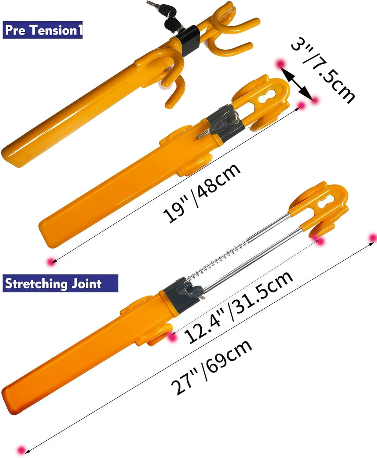 Upgraded Car Steering Wheel Lock, Multifunctional Anti-Theft Lock Device, Easy to Installation, Adjustable Length 20Cm with 2 Keys, Suitable for Most Cars, Suvs, Trucks, Vans, and Sedans...(Yellow) image number 5