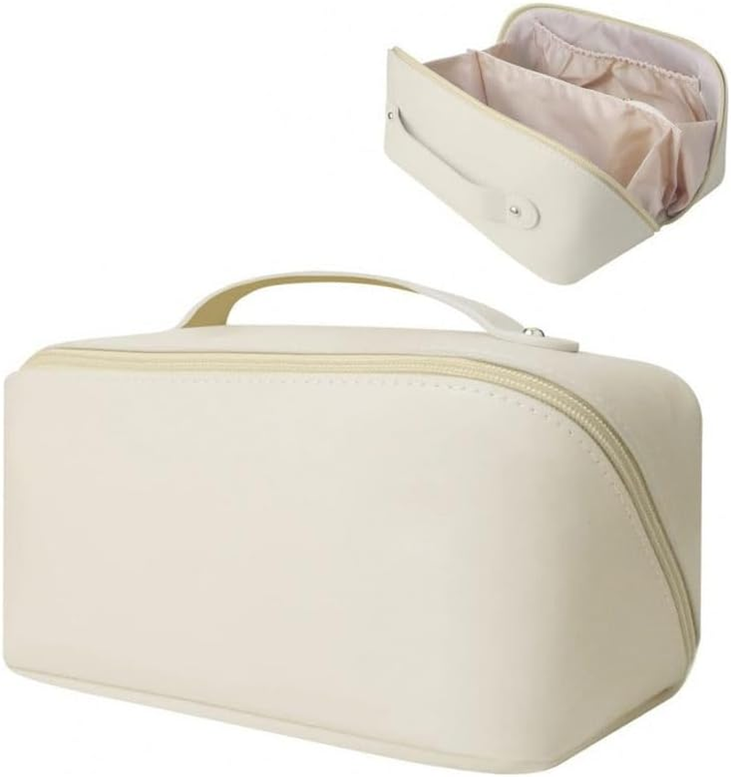 Limcryspp Large-Capacity PU Waterproof Makeup Bag, Open Design, Portable Travel Cosmetics Storage Bag, Can Store Skin Care Cosmetics and Toiletries (White)
