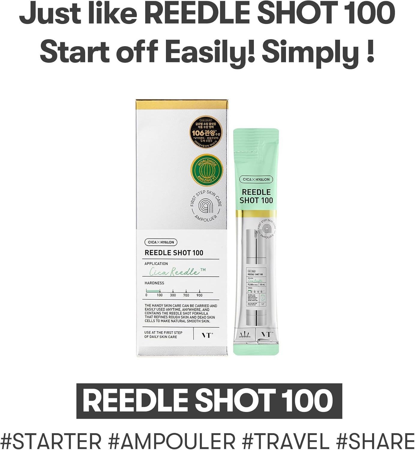 VT COSMETICS Cica Reedle Shot 100 Ampouler, Easy Home Care for Enlarged Pores, Blackhead, Whitehead Removal, Blemish & Hydrating Care for Plump Skin, 2Ml*7 Pcs